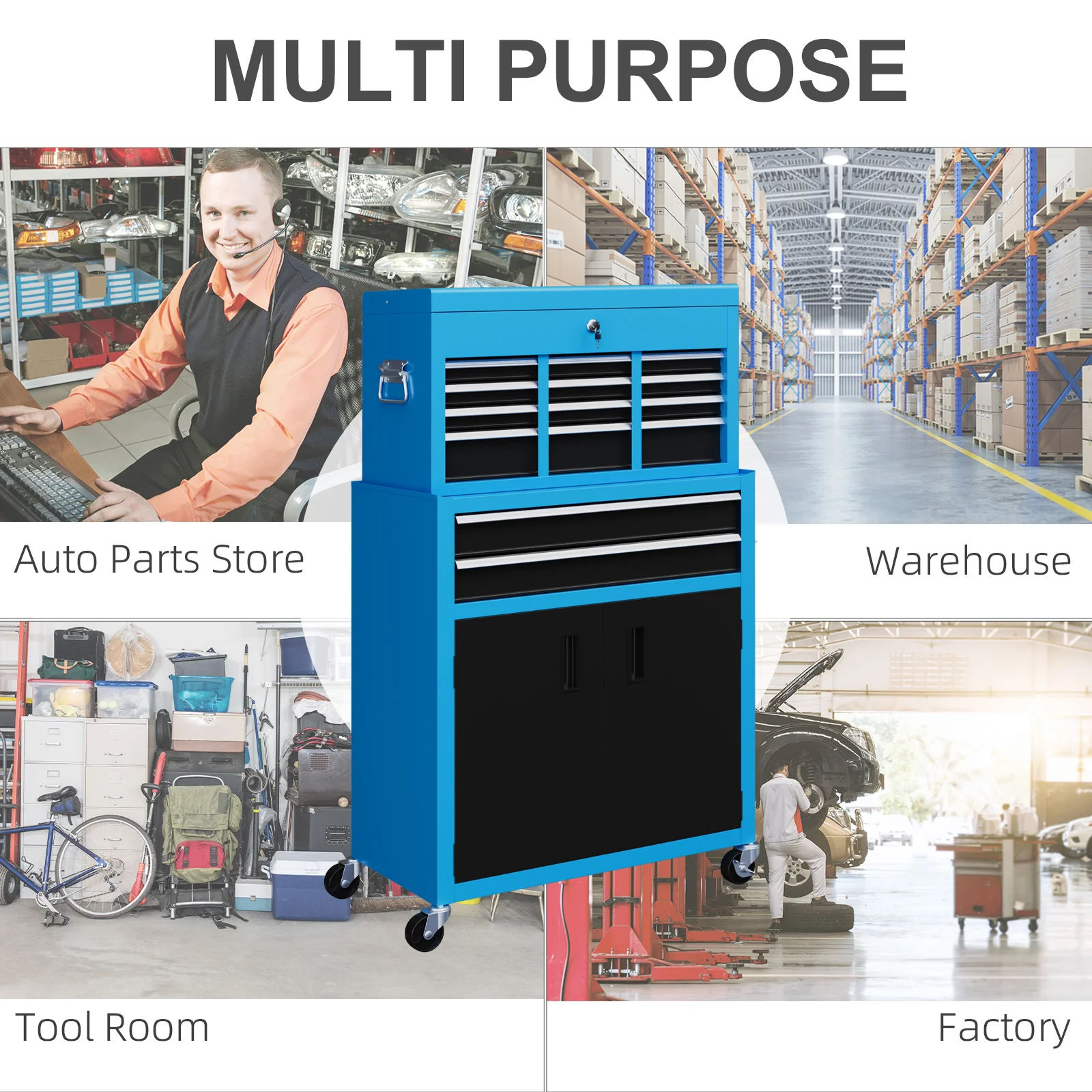 HOMCOM Top Chest And Roller Cabinet Combo Metal Tool Cabinet On Wheels - Black/Blue/Red - Image 20