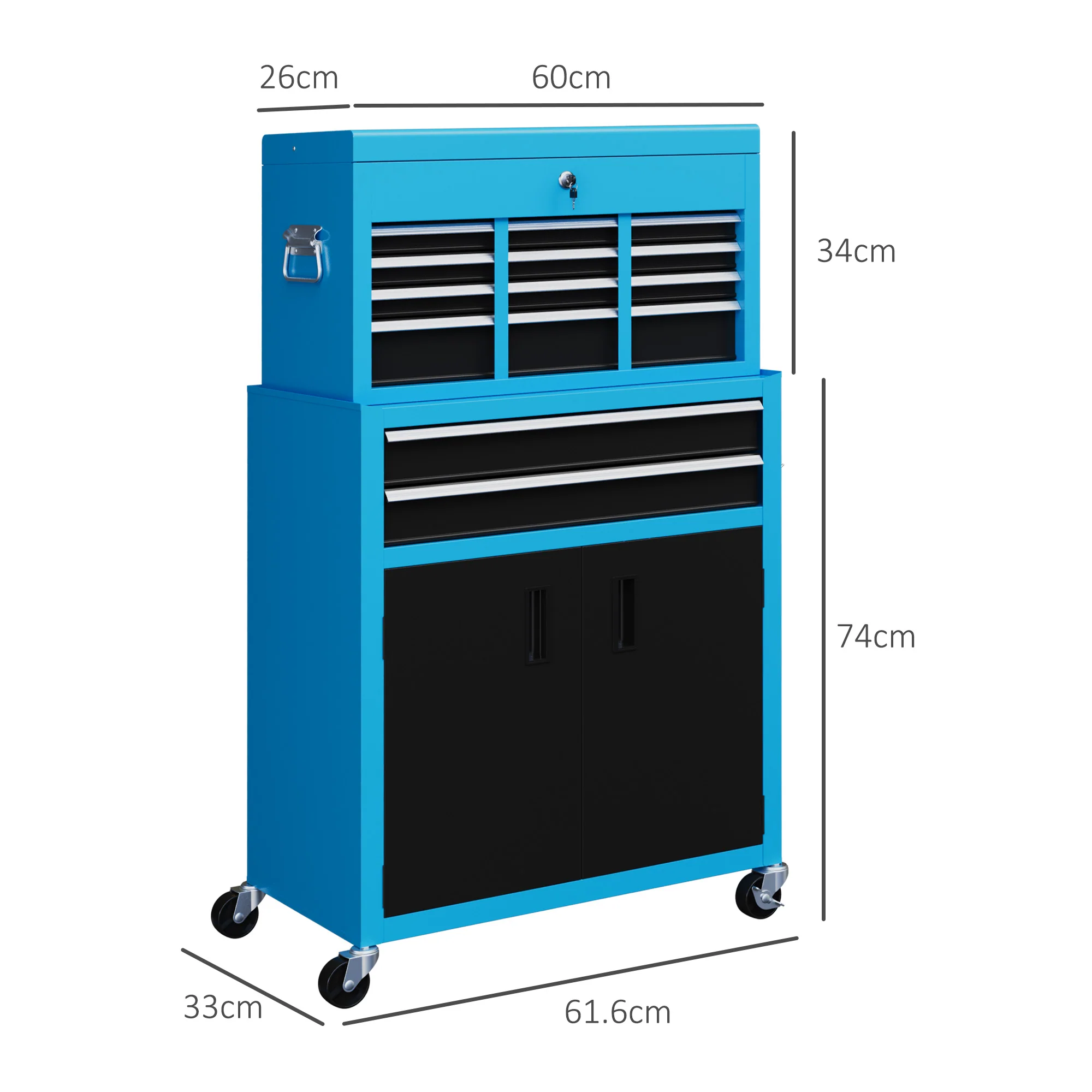 HOMCOM Top Chest And Roller Cabinet Combo Metal Tool Cabinet On Wheels - Black/Blue/Red - Image 21