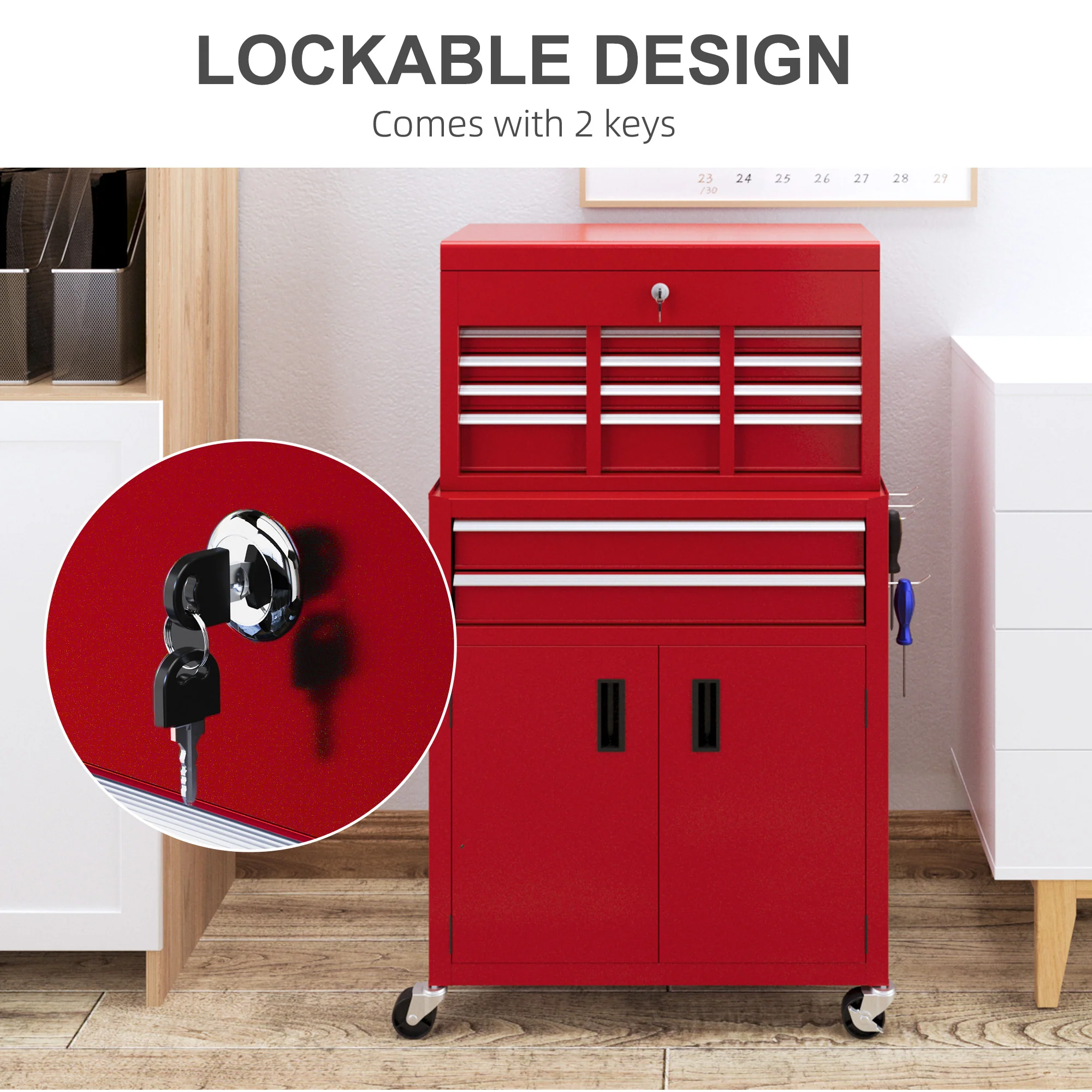 HOMCOM Top Chest And Roller Cabinet Combo Metal Tool Cabinet On Wheels - Black/Blue/Red - Image 6