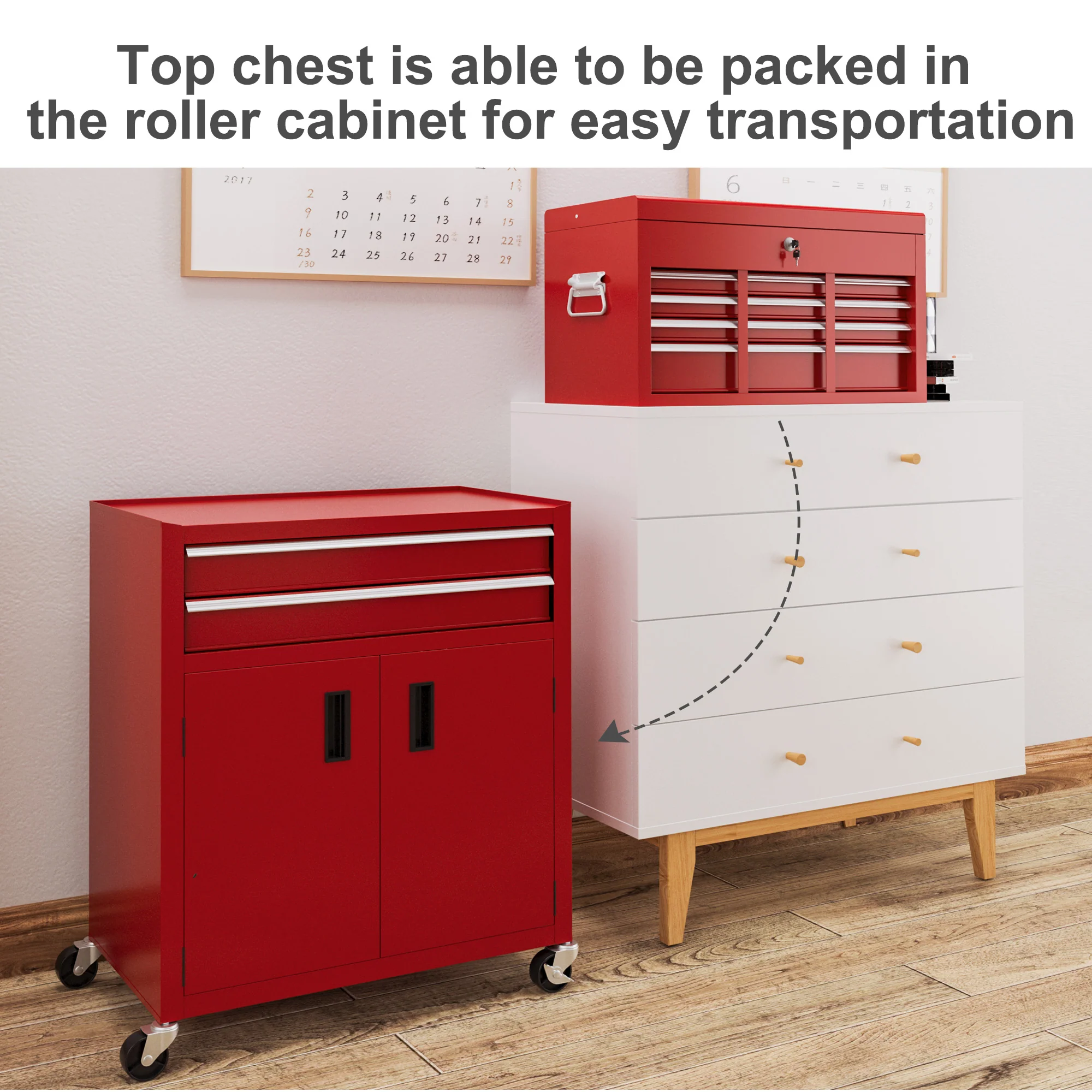 HOMCOM Top Chest And Roller Cabinet Combo Metal Tool Cabinet On Wheels - Black/Blue/Red - Image 7