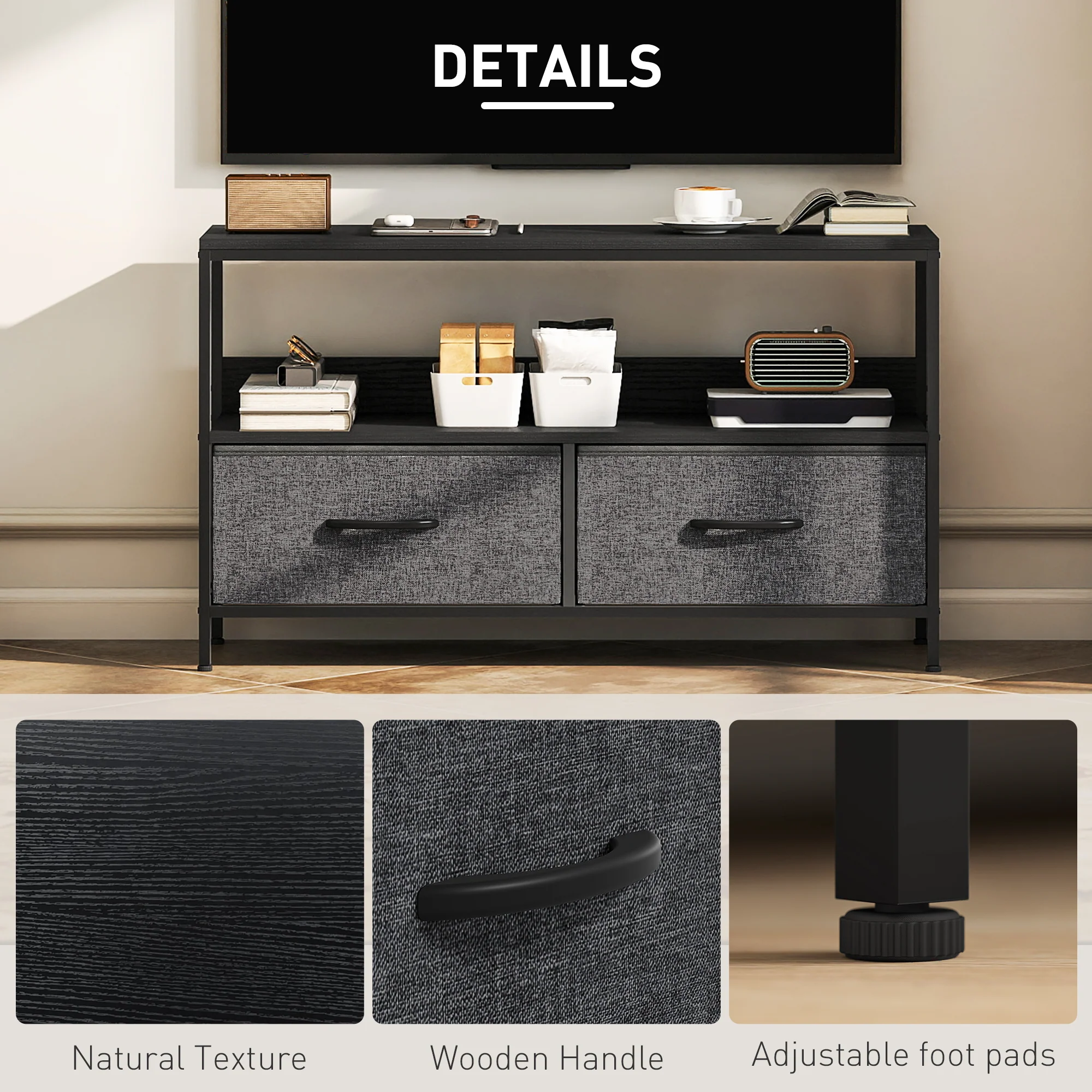 HOMCOM TV Cabinet, TV Console Unit With 2 Foldable Linen Drawers - Image 6