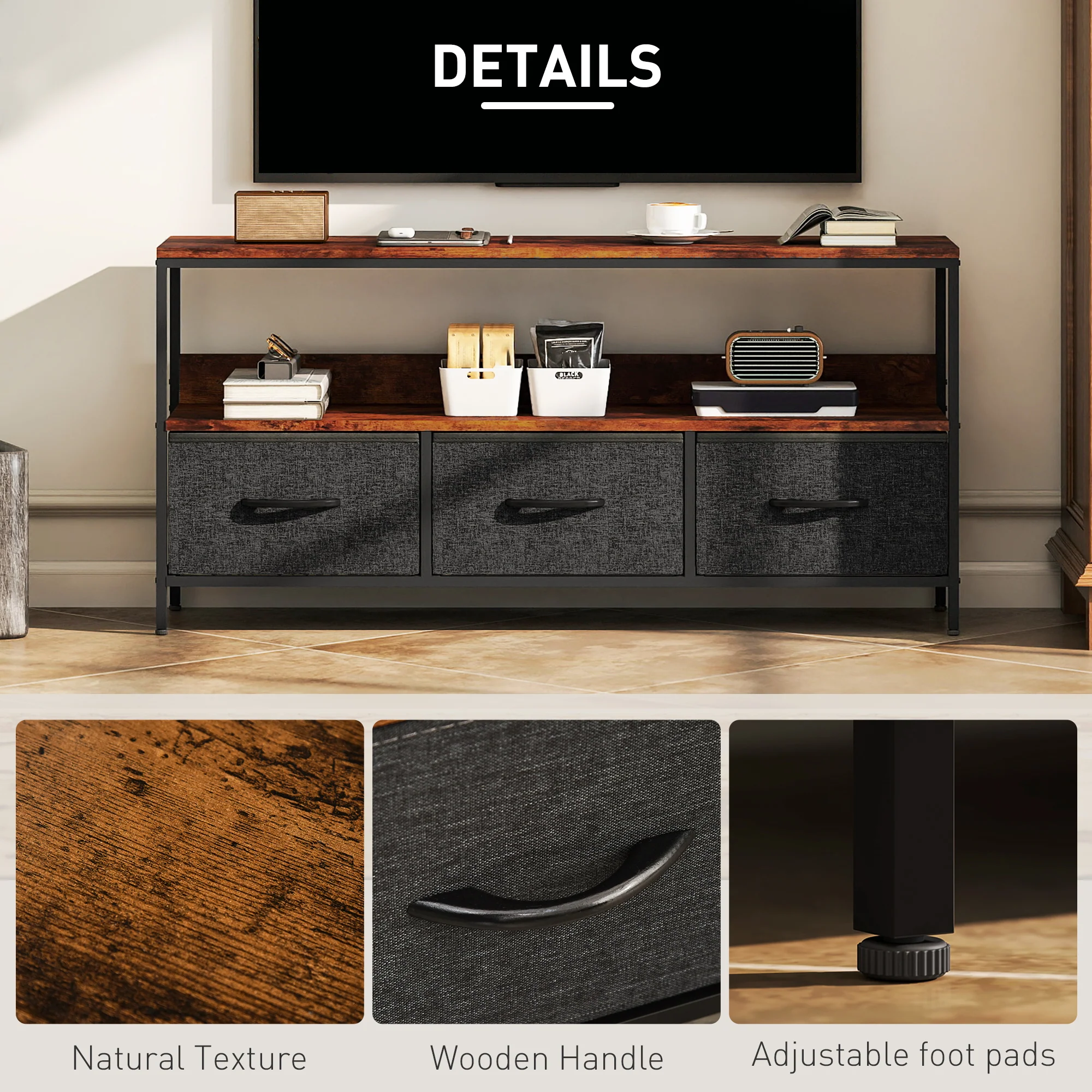 HOMCOM TV Cabinet, TV Console Unit With 3 Foldable Linen Drawers - Image 15