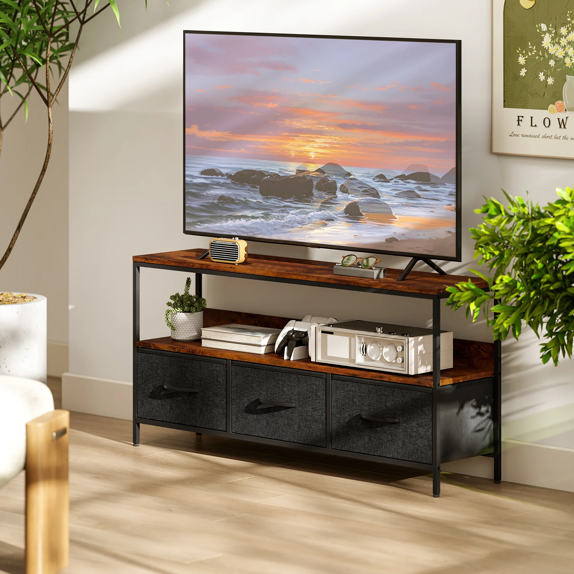HOMCOM TV Cabinet, TV Console Unit With 3 Foldable Linen Drawers - Image 16