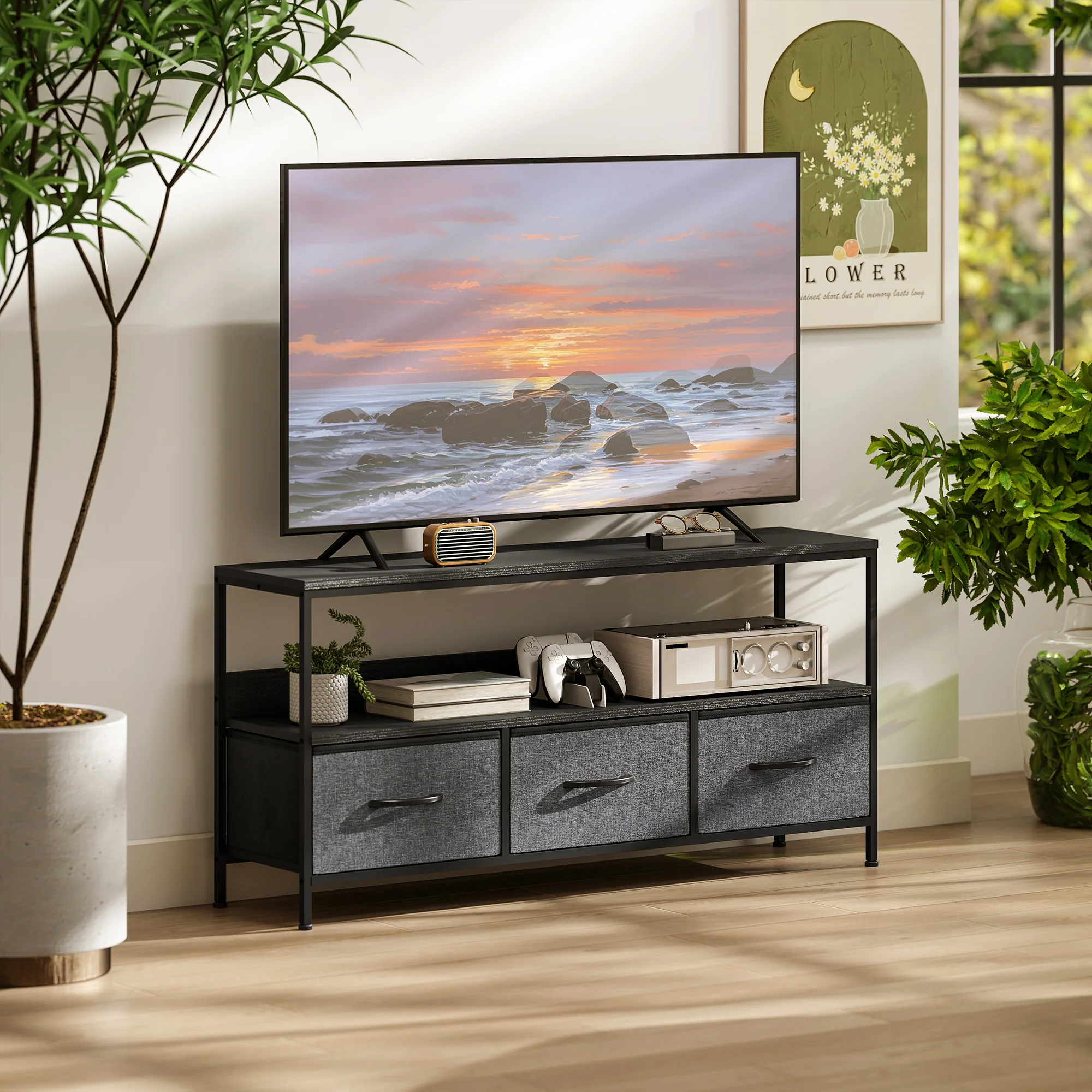 HOMCOM TV Cabinet, TV Console Unit With 3 Foldable Linen Drawers - Image 2
