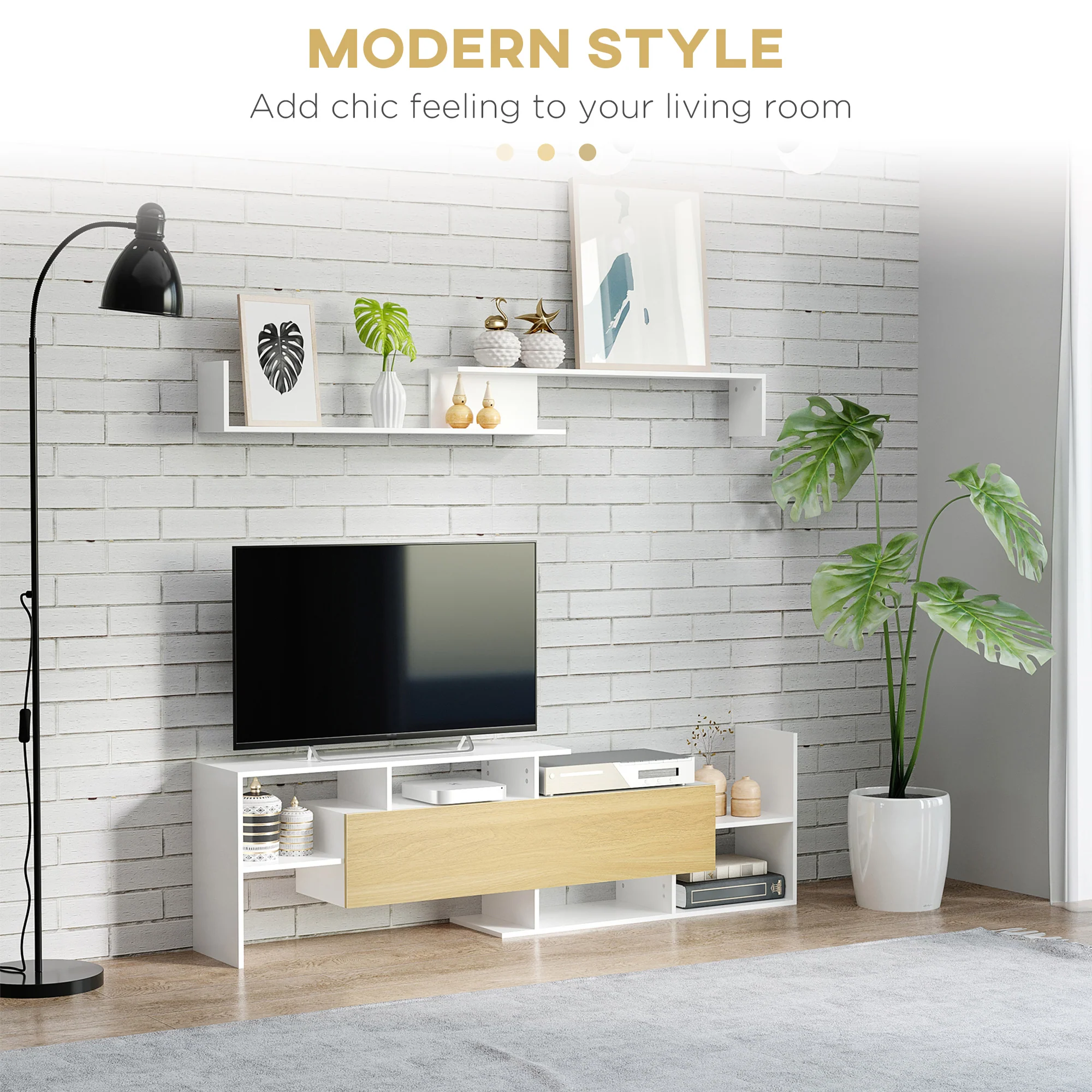 HOMCOM TV Cabinet Unit w/ Wall-Mounted Shelf, Open Shelves White and Natural - Image 3