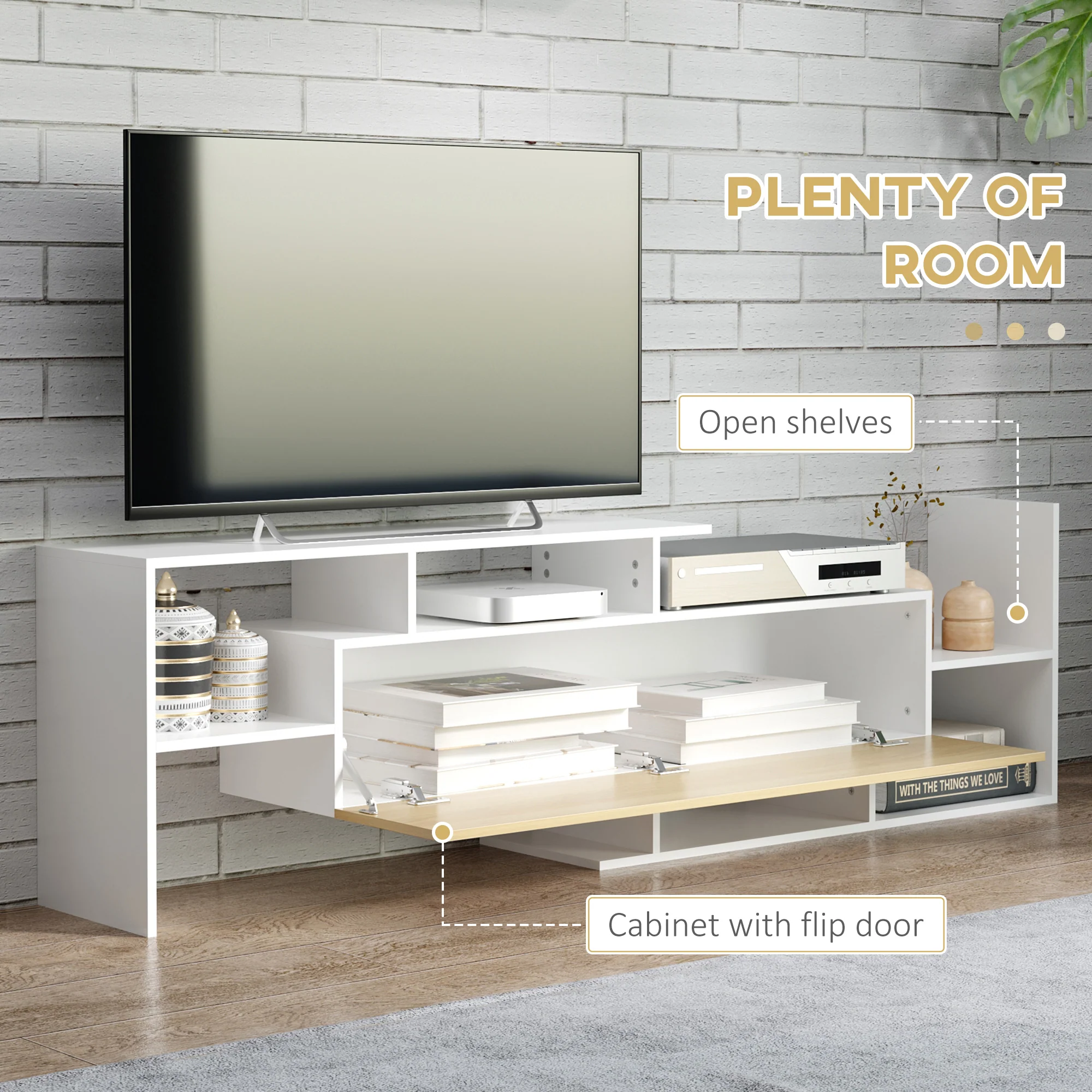 HOMCOM TV Cabinet Unit w/ Wall-Mounted Shelf, Open Shelves White and Natural - Image 4
