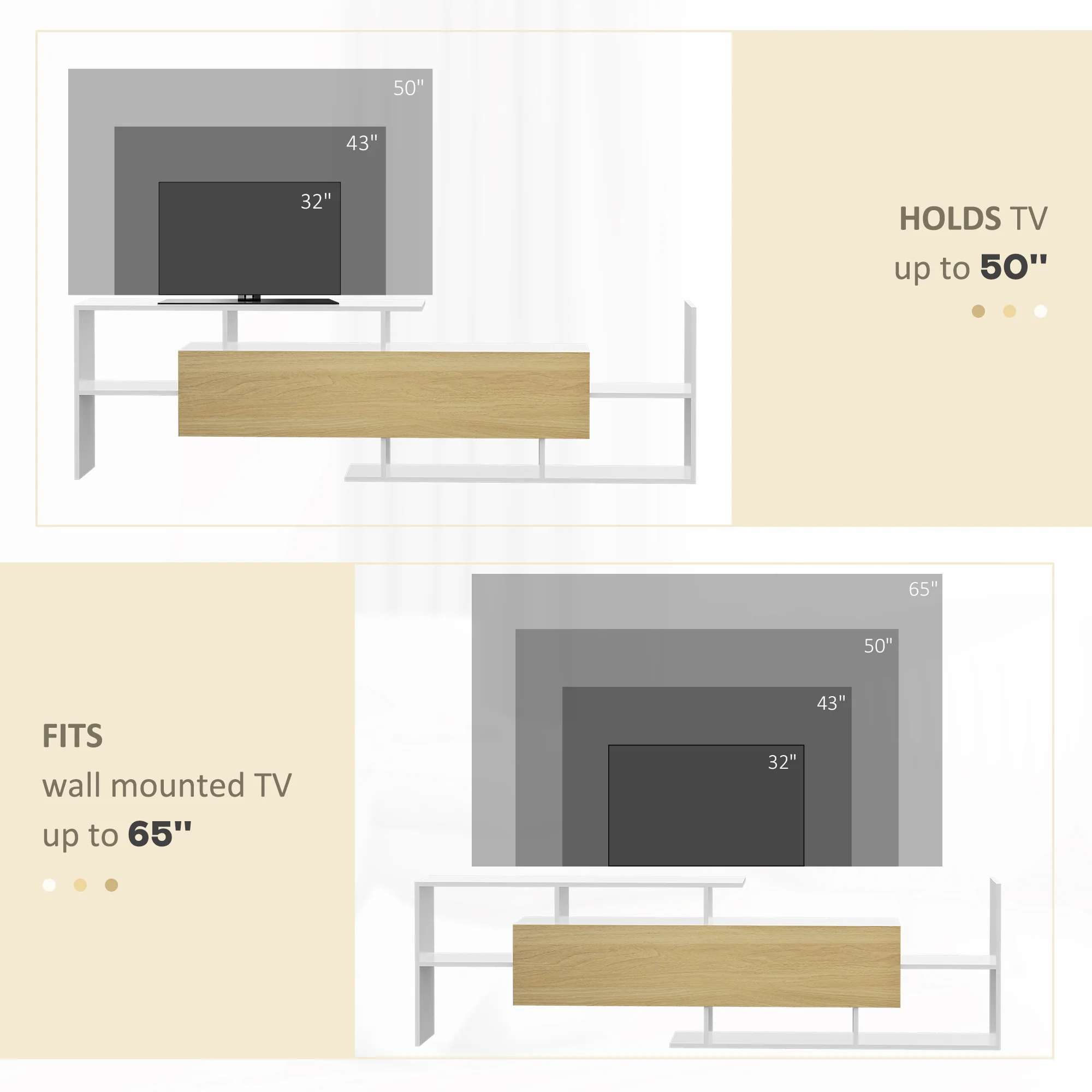 HOMCOM TV Cabinet Unit w/ Wall-Mounted Shelf, Open Shelves White and Natural - Image 7