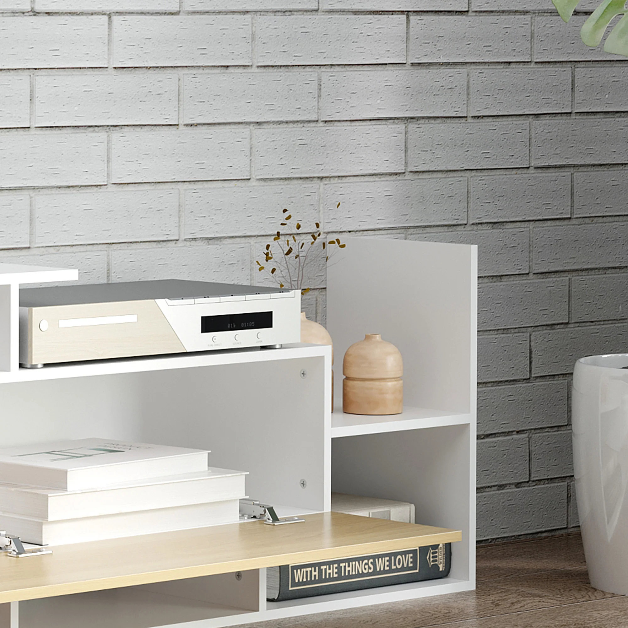 HOMCOM TV Cabinet Unit w/ Wall-Mounted Shelf, Open Shelves White and Natural - Image 9