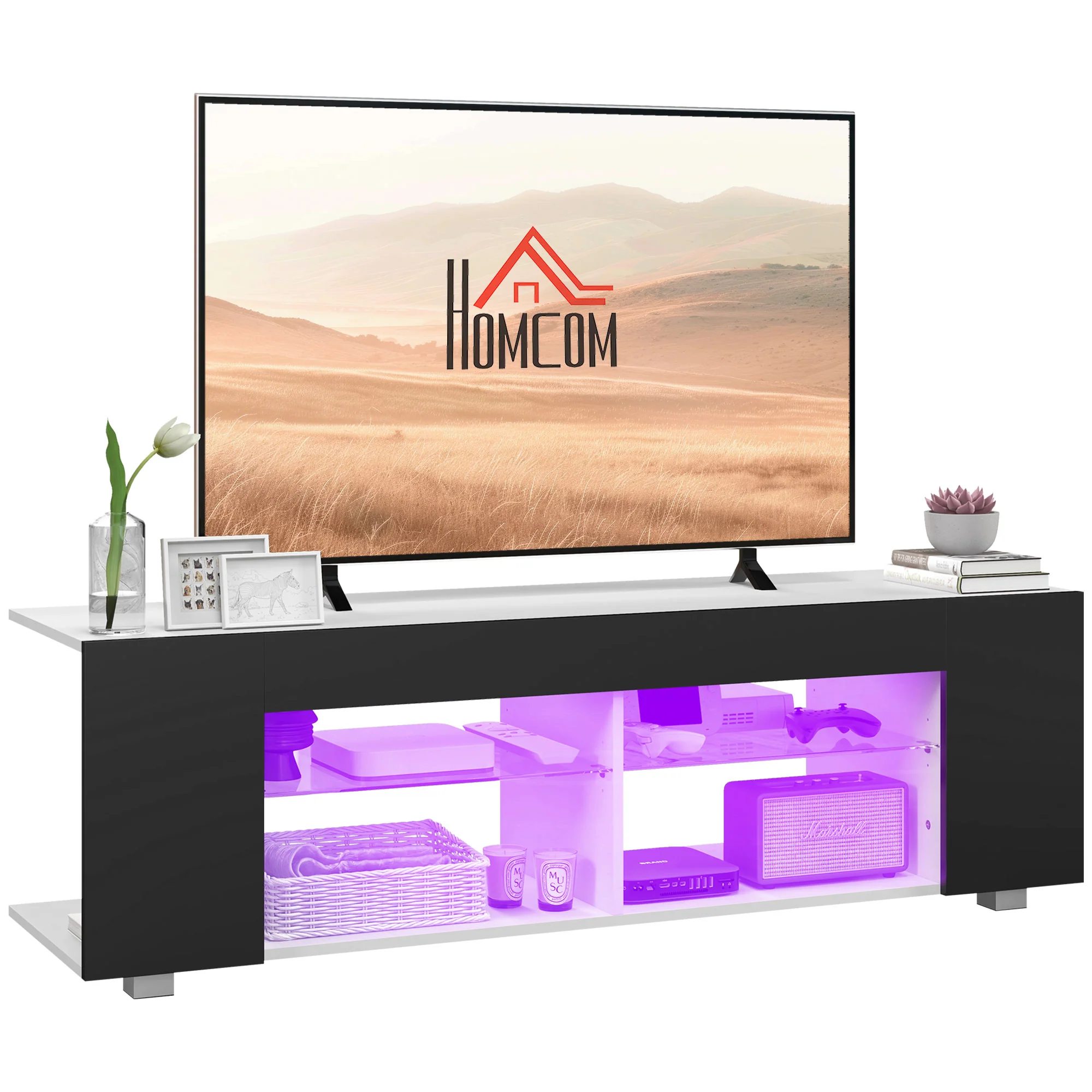 HOMCOM TV Stand 145cm TV Unit With Glass Shelves RGB LED Light For 60 Inch TV - Image 10
