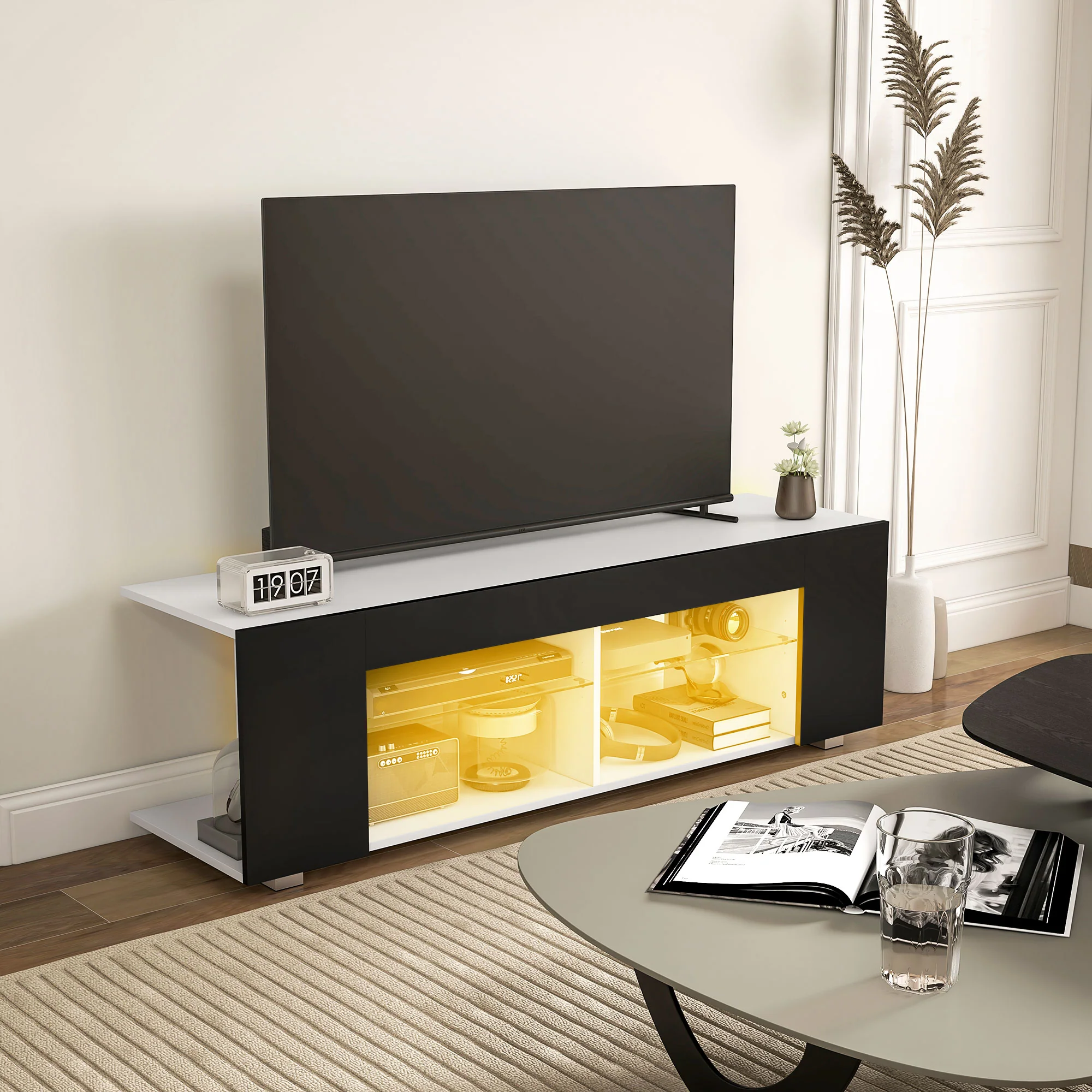 HOMCOM TV Stand 145cm TV Unit With Glass Shelves RGB LED Light For 60 Inch TV - Image 11