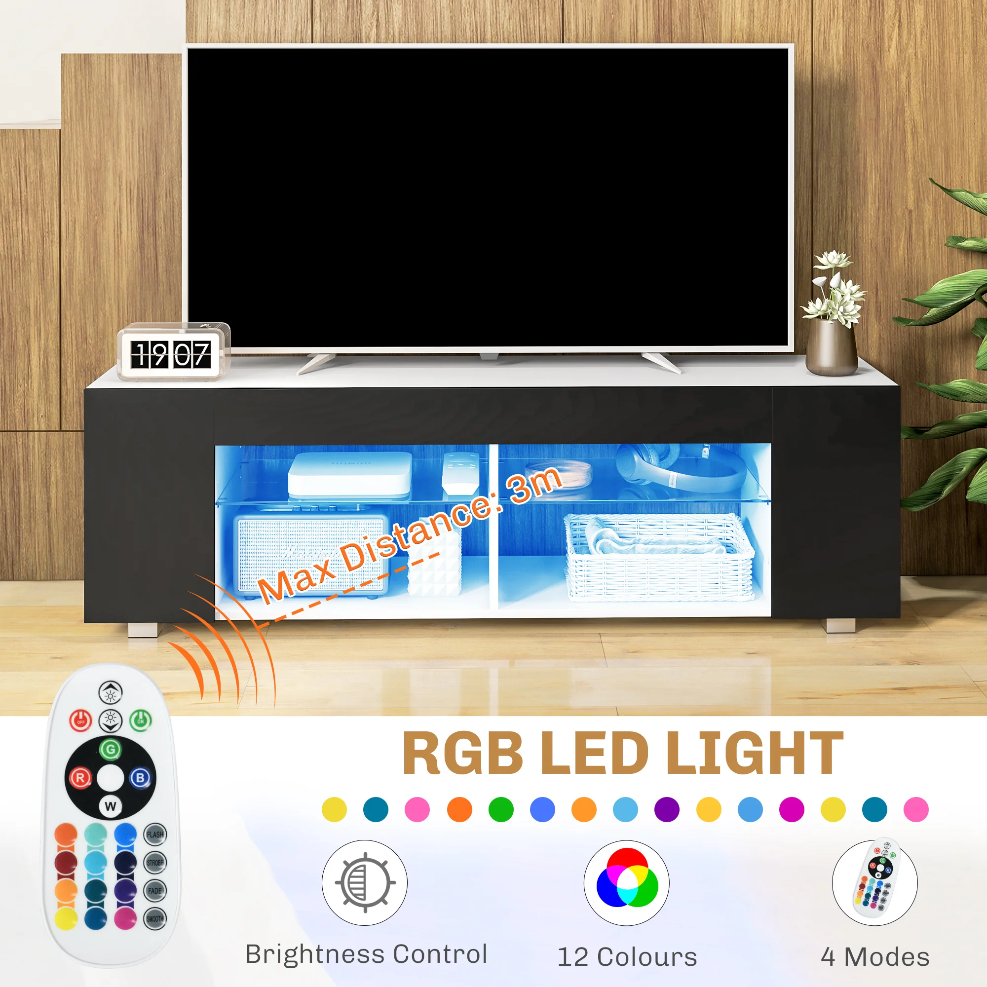 HOMCOM TV Stand 145cm TV Unit With Glass Shelves RGB LED Light For 60 Inch TV - Image 12