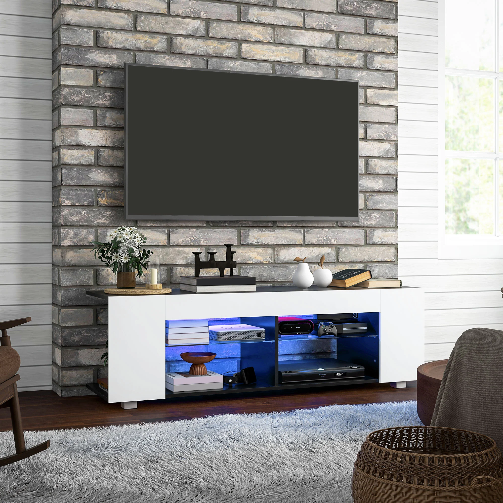 HOMCOM TV Stand 145cm TV Unit With Glass Shelves RGB LED Light For 60 Inch TV - Image 2