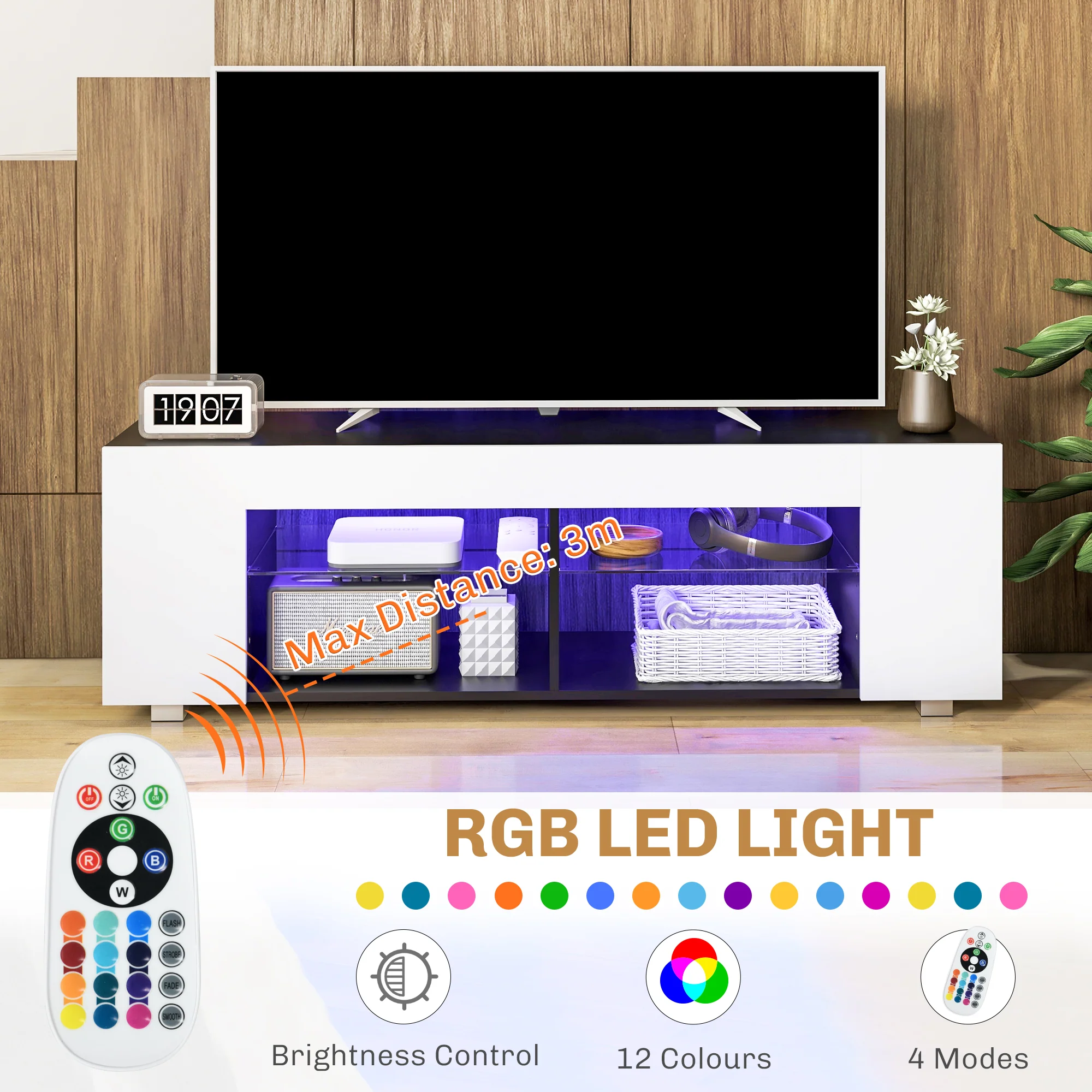 HOMCOM TV Stand 145cm TV Unit With Glass Shelves RGB LED Light For 60 Inch TV - Image 3