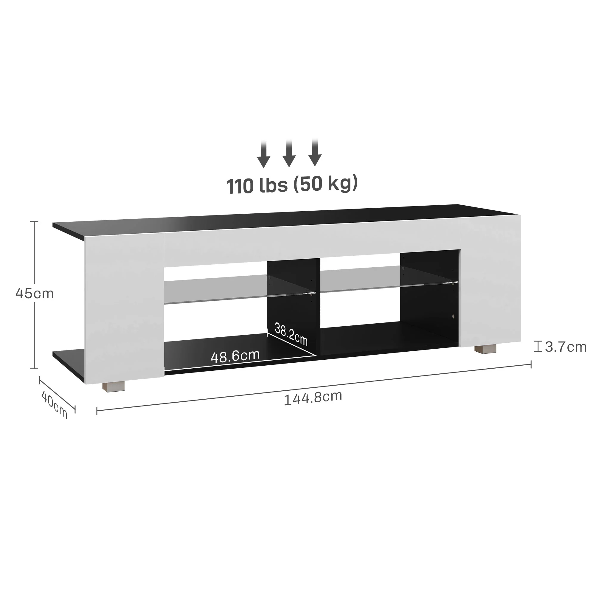 HOMCOM TV Stand 145cm TV Unit With Glass Shelves RGB LED Light For 60 Inch TV - Image 5