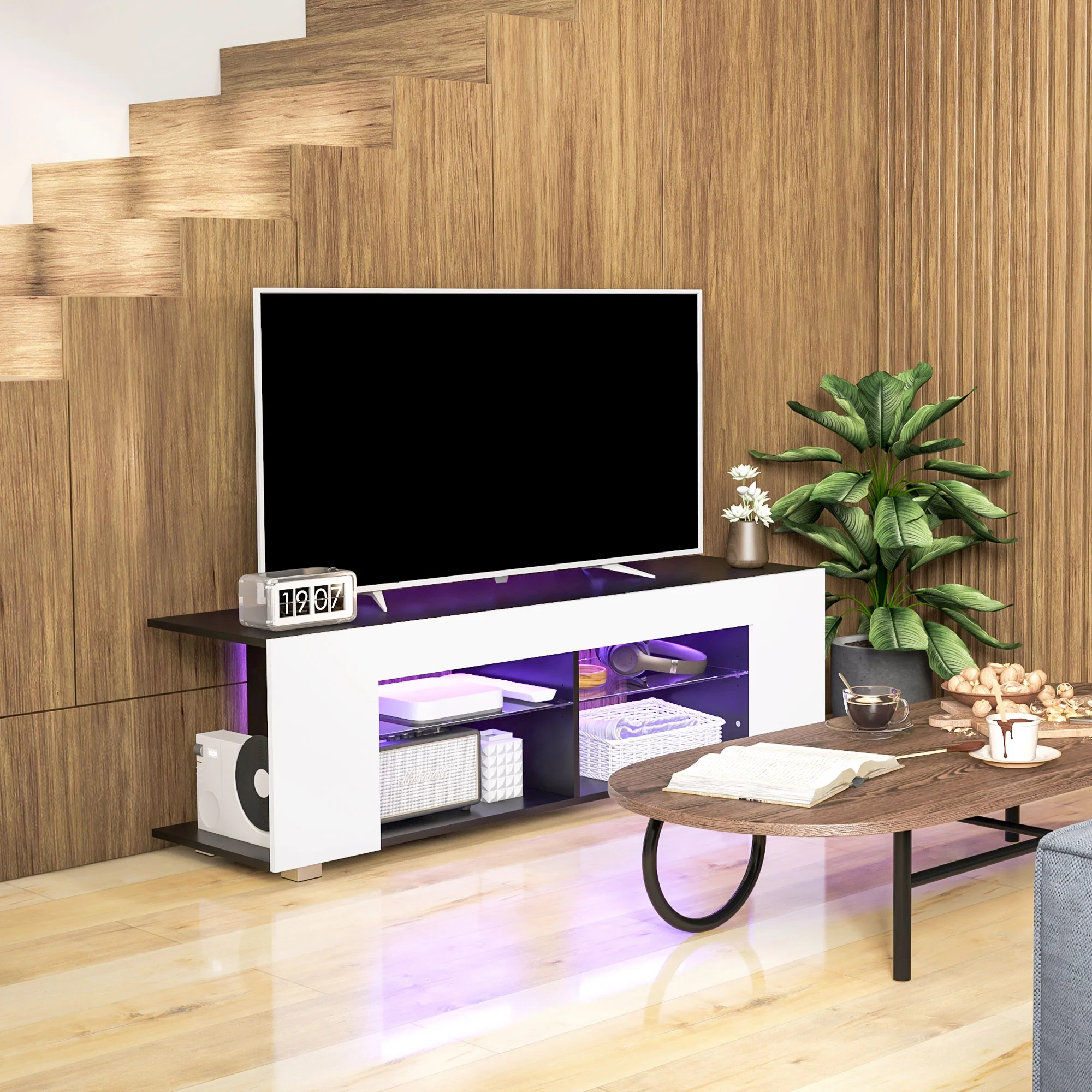 HOMCOM TV Stand 145cm TV Unit With Glass Shelves RGB LED Light For 60 Inch TV - Image 7