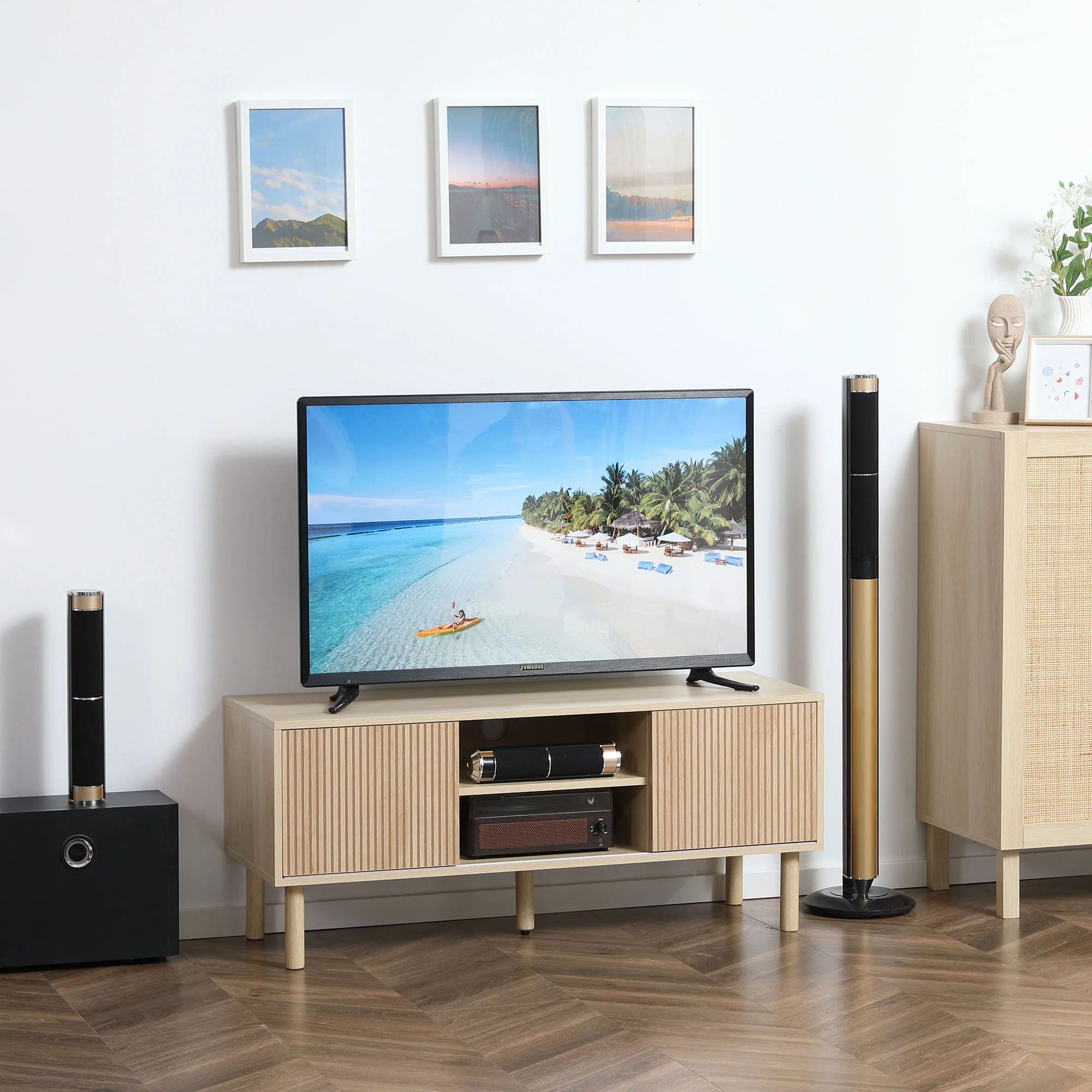 HOMCOM TV Stand Cabinet For TVs Up To 50 Inch With Sliding Doors, Natural - Image 2
