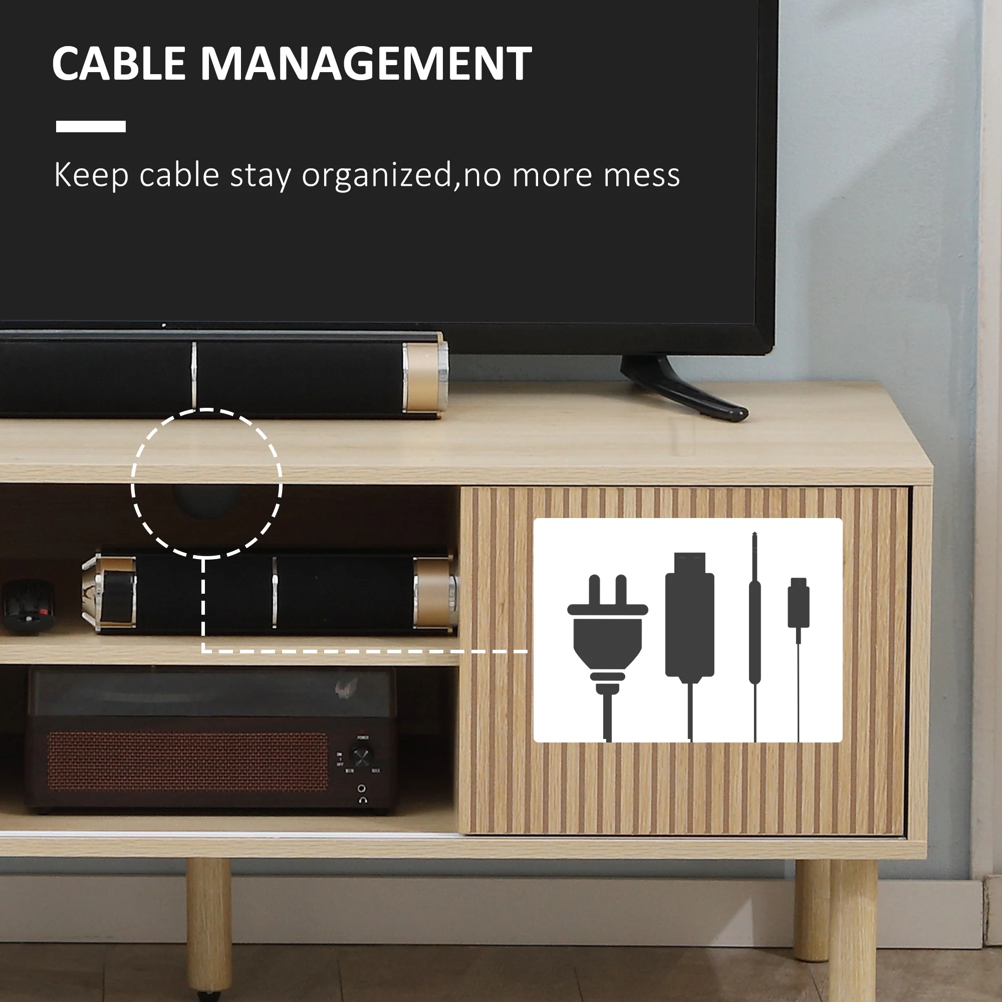 HOMCOM TV Stand Cabinet For TVs Up To 50 Inch With Sliding Doors, Natural - Image 6