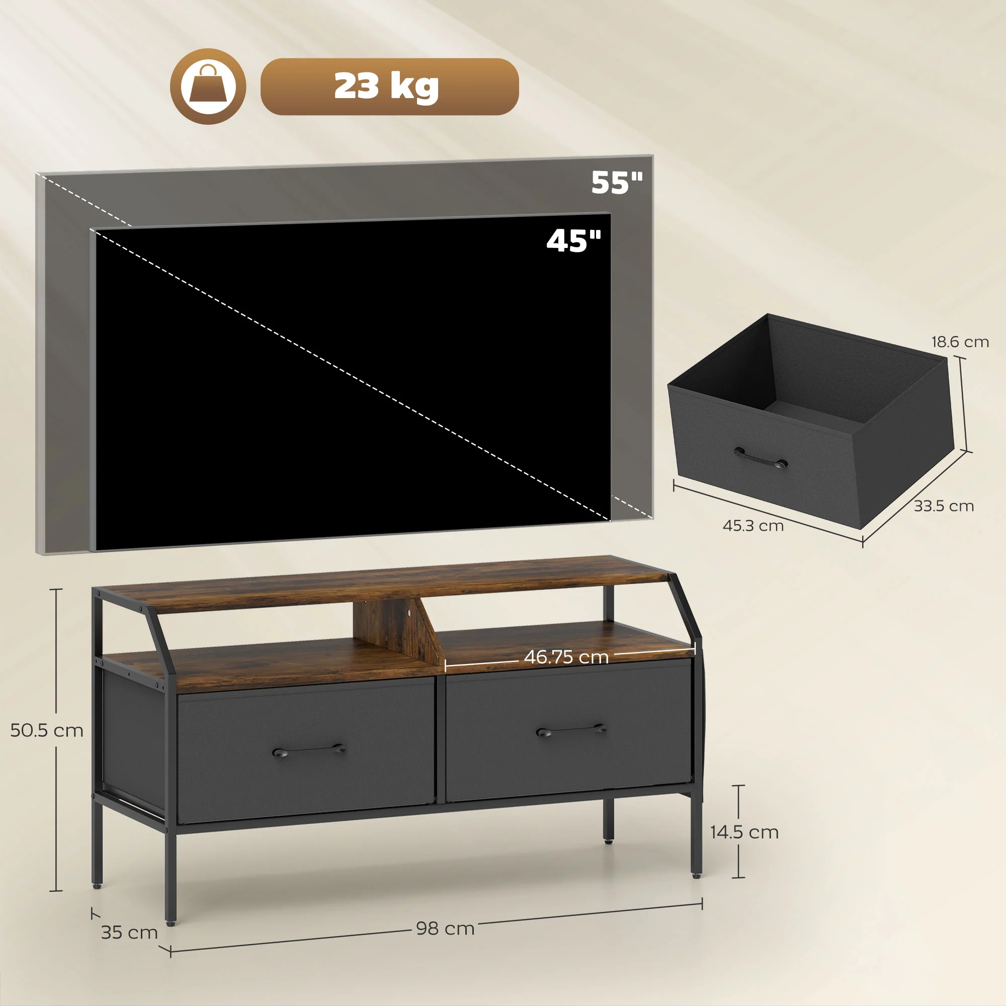 HOMCOM TV Stand Cabinet With 2 Foldable Drawers - Image 5