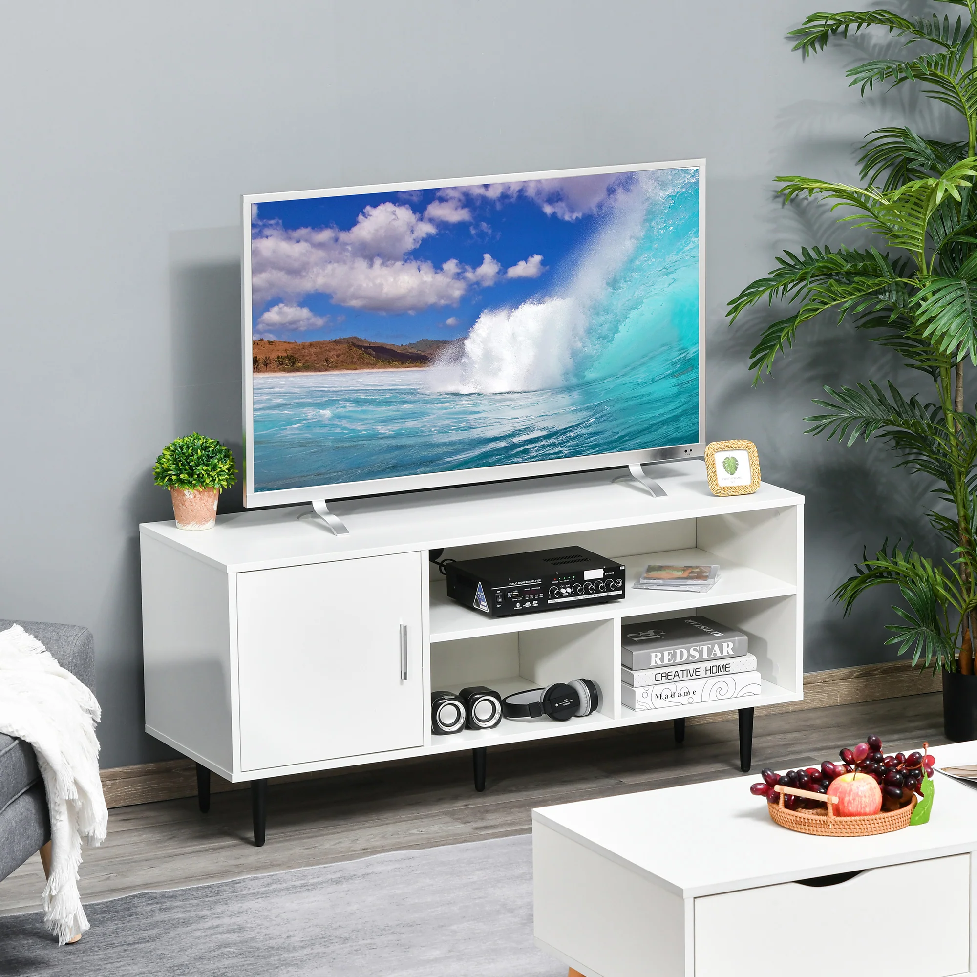 HOMCOM TV Stand Cabinet with Shelves and Cable Hole for Living Room, White - Image 2