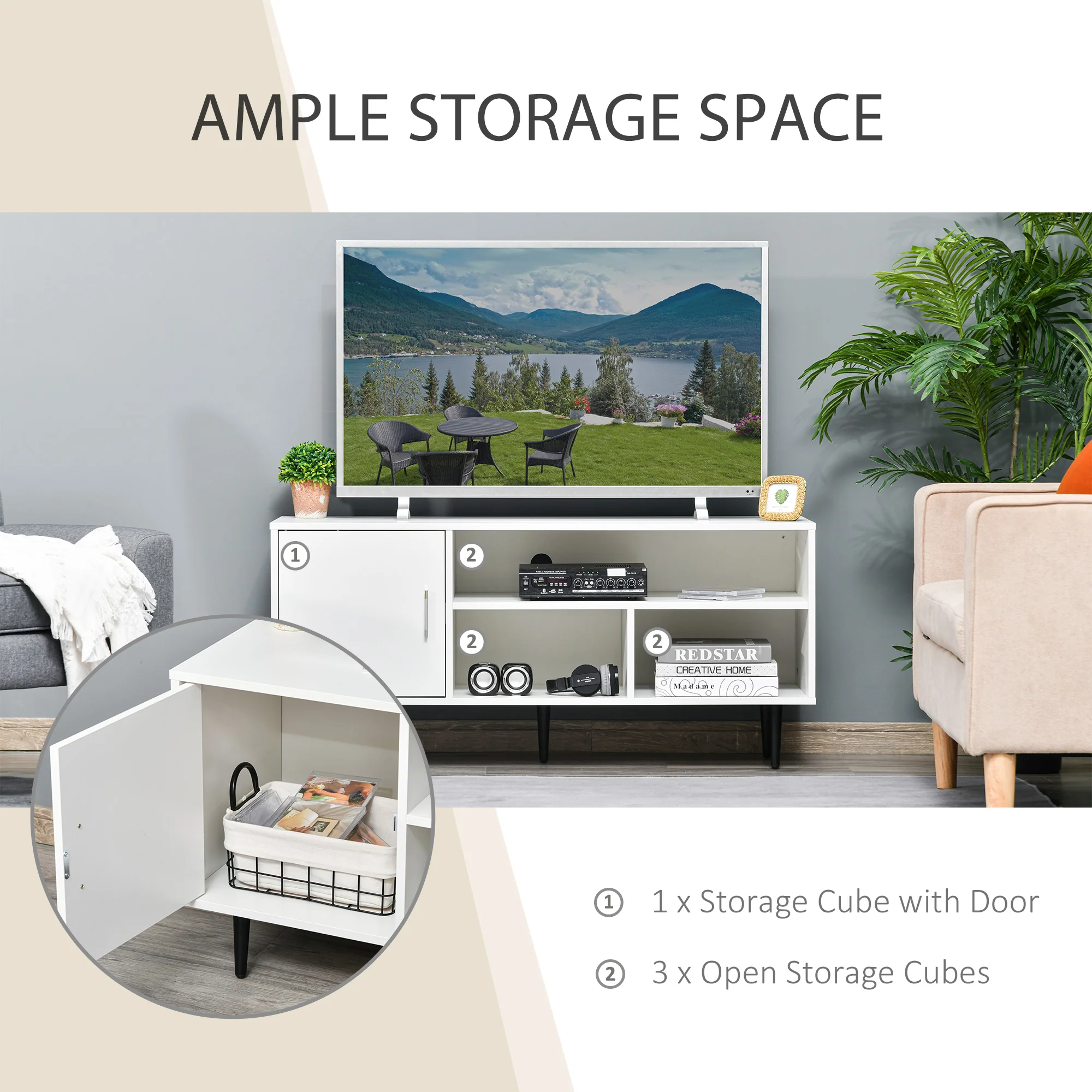 HOMCOM TV Stand Cabinet with Shelves and Cable Hole for Living Room, White - Image 4