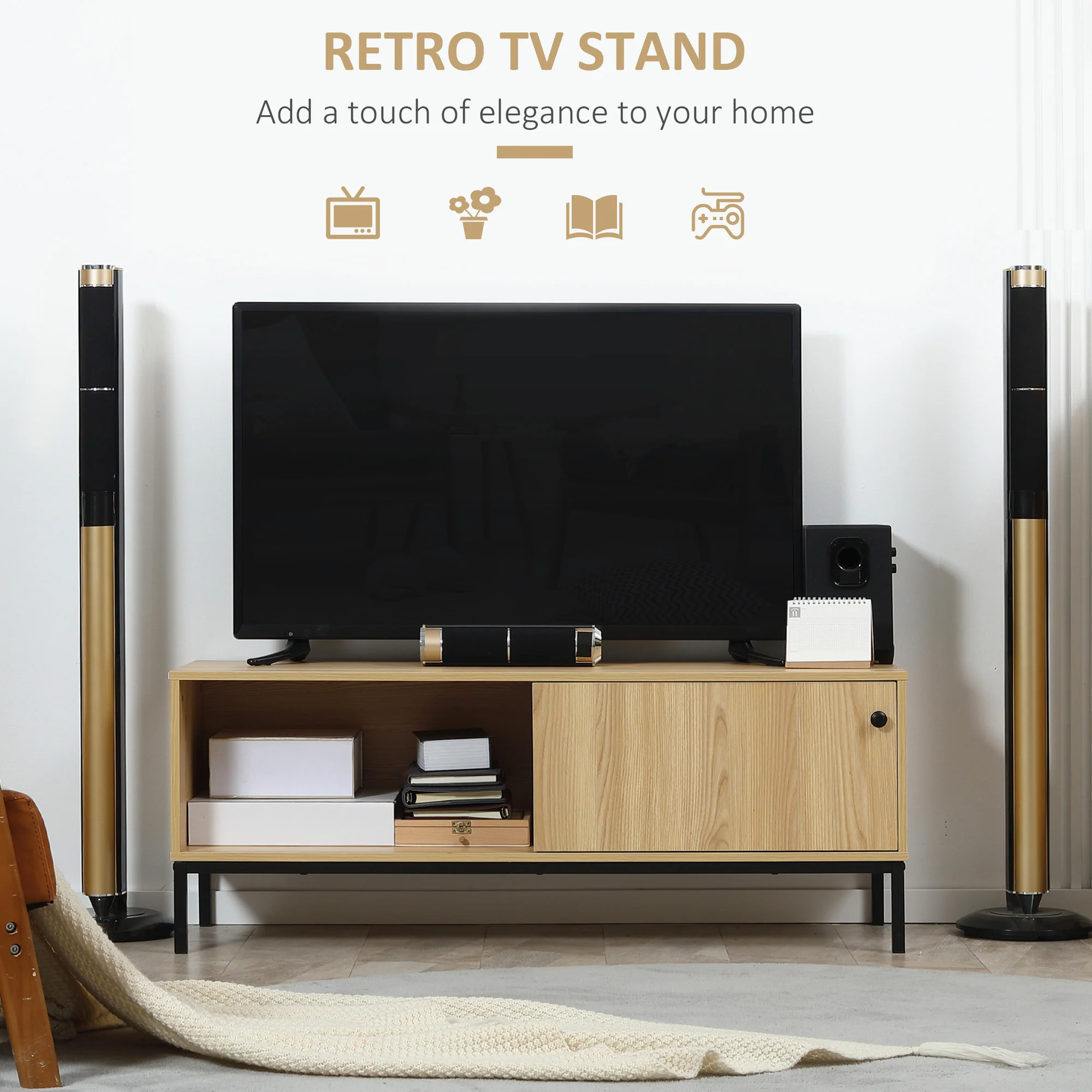 HOMCOM TV Stand Cabinet With Sliding Door For Living Room Natural - Image 3