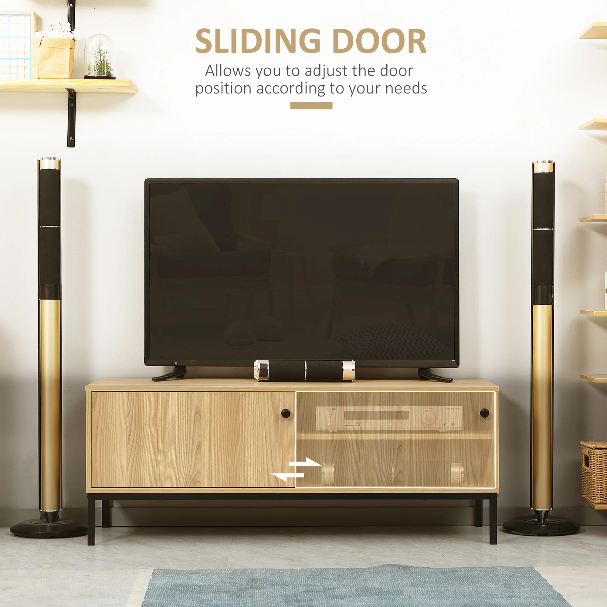 HOMCOM TV Stand Cabinet With Sliding Door For Living Room Natural - Image 4