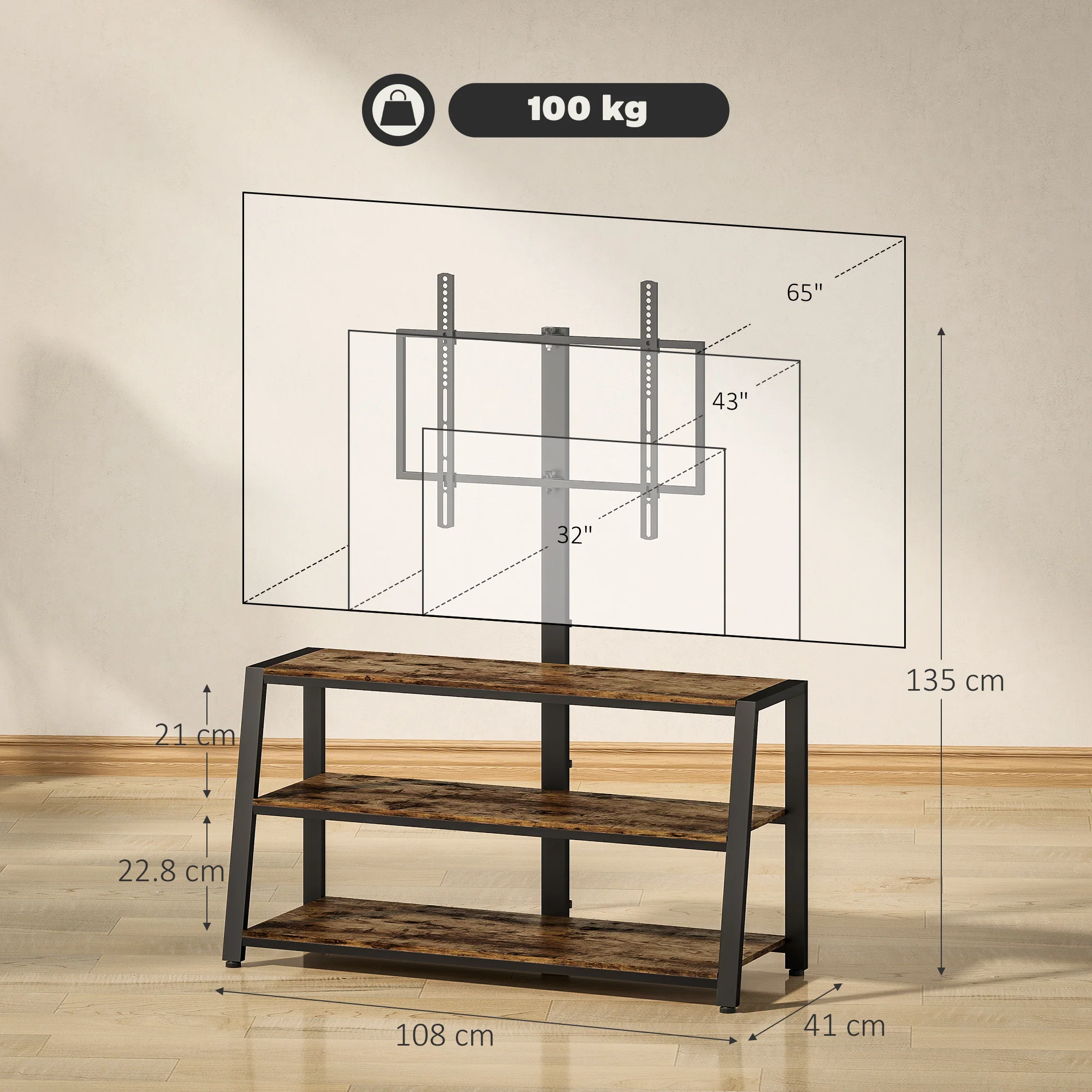 HOMCOM TV Stand Cabinet with Swivel Bracket for 32 - 65 Inch TVs - Image 5