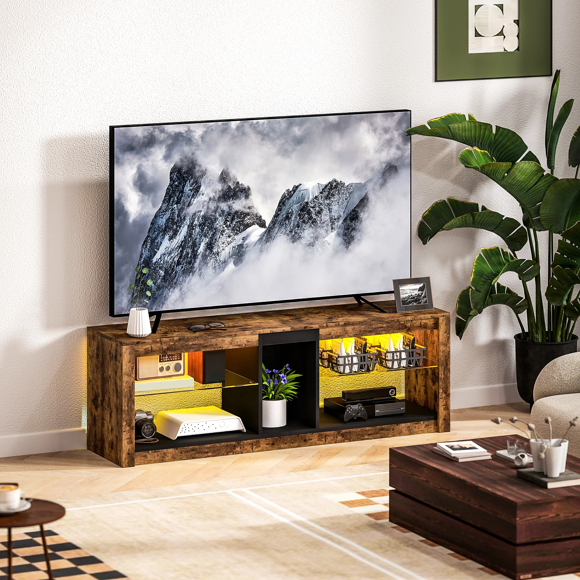 HOMCOM TV Stand, Entertainment Centre with LED Lights, Rustic Brown - Image 2