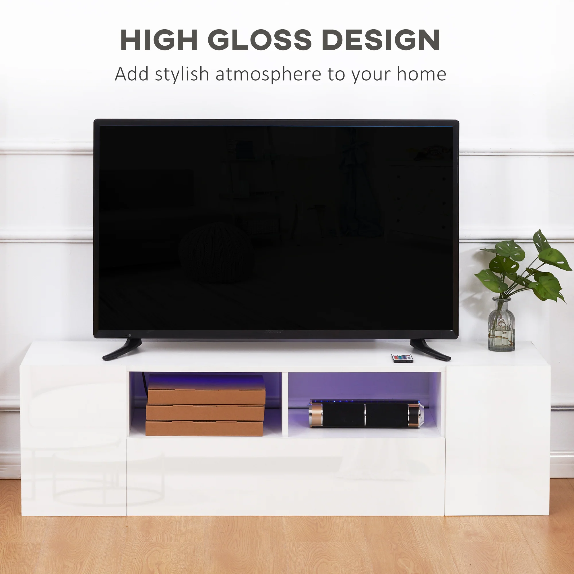 HOMCOM TV Unit Cabinet for TVs up to 60", TV Stand with LED Lights, White - Image 3