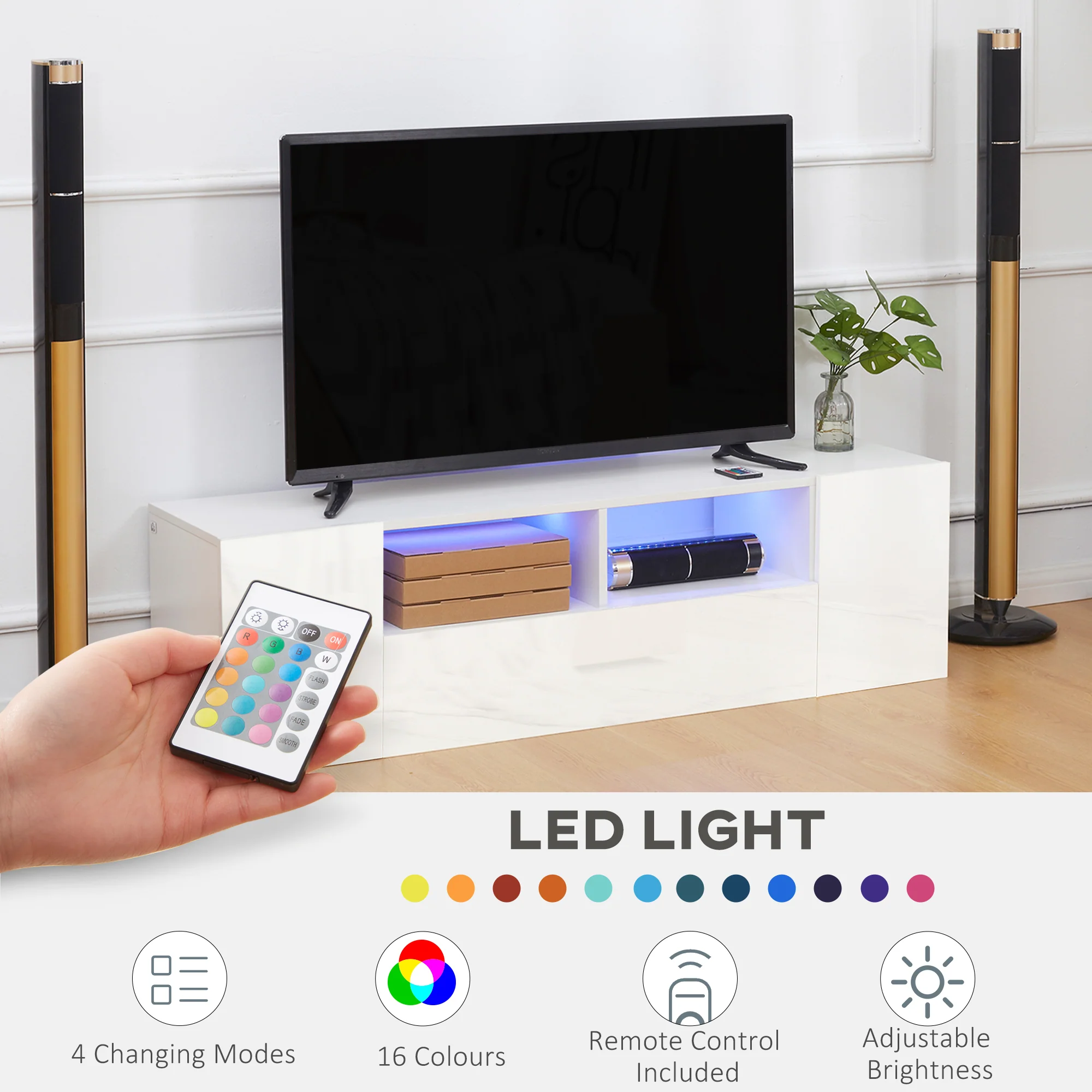 HOMCOM TV Unit Cabinet for TVs up to 60", TV Stand with LED Lights, White - Image 4