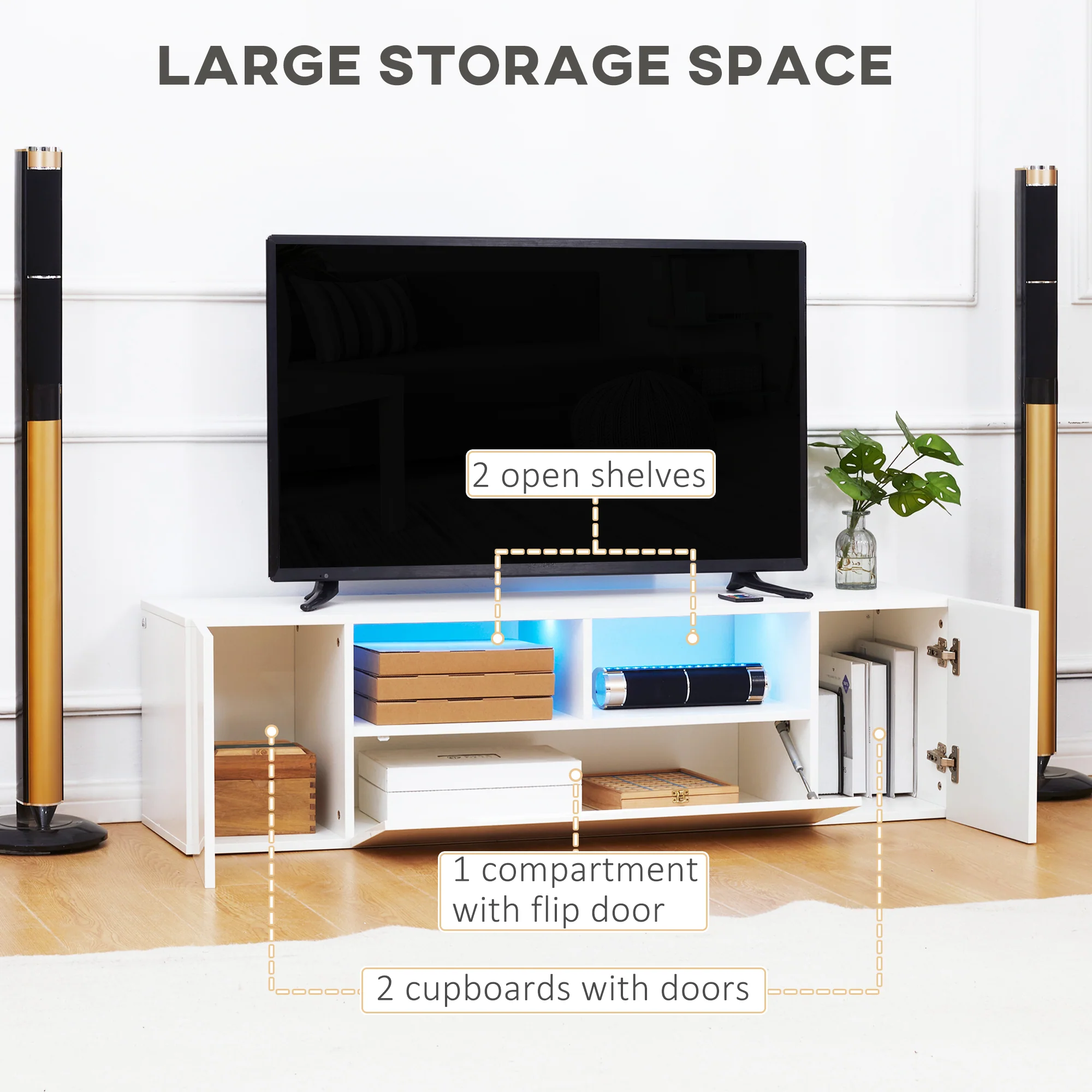 HOMCOM TV Unit Cabinet for TVs up to 60", TV Stand with LED Lights, White - Image 6