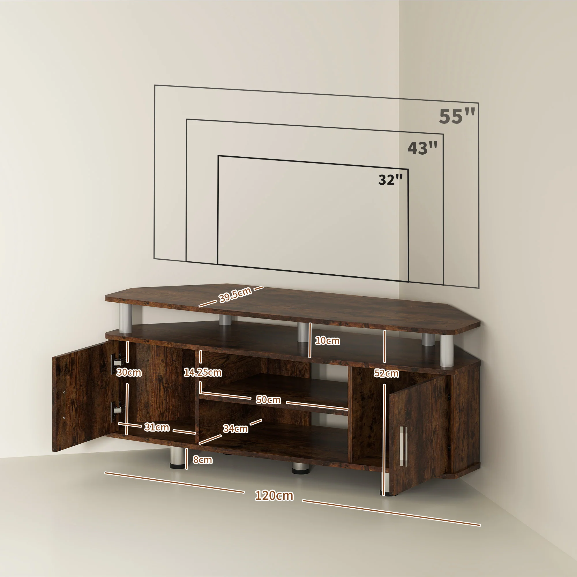 HOMCOM TV Unit Cabinet With Storage Shelves Entertainment Center Rustic Brown - Image 5