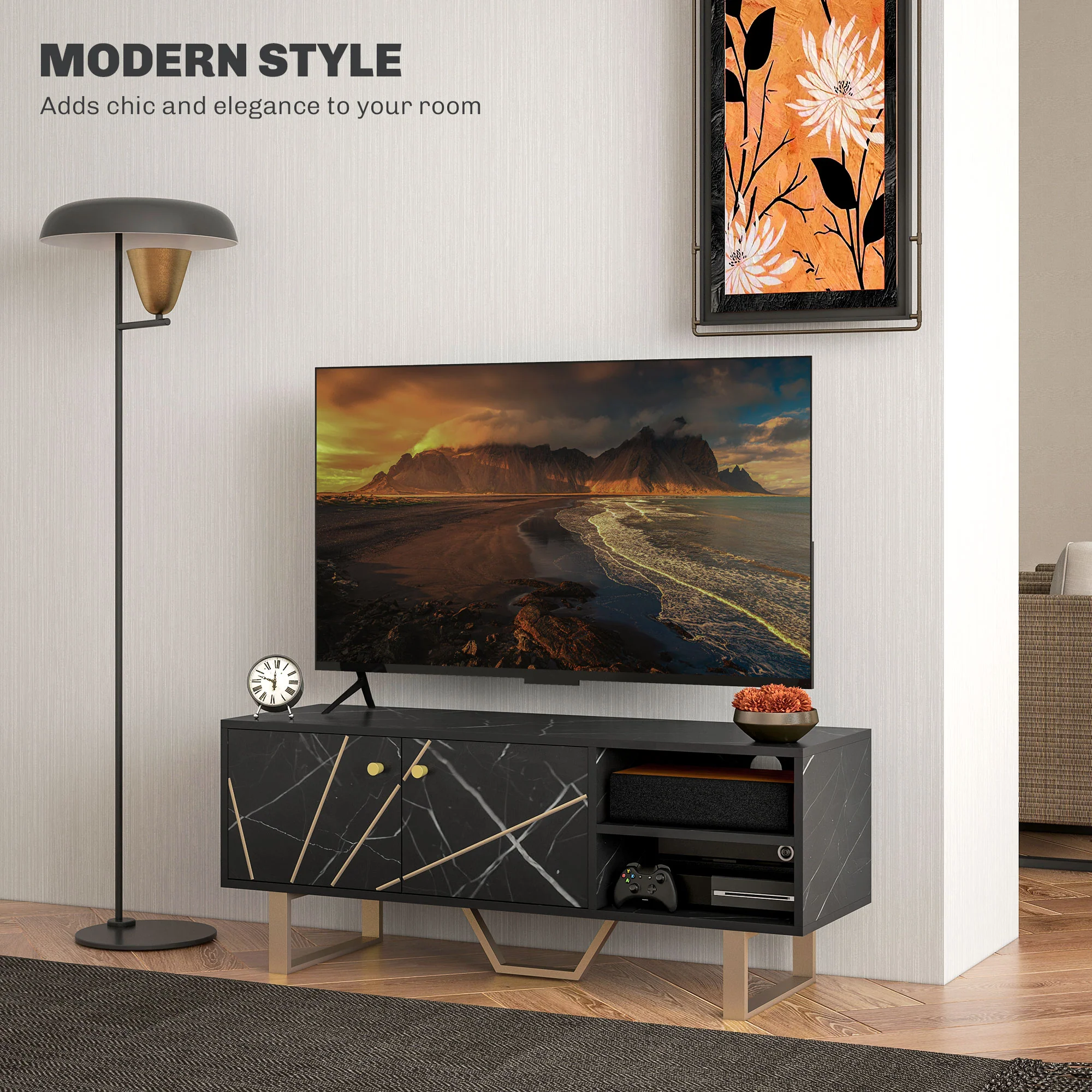 HOMCOM TV Unit For Living Room, TV Stand, Black Marble - Image 3