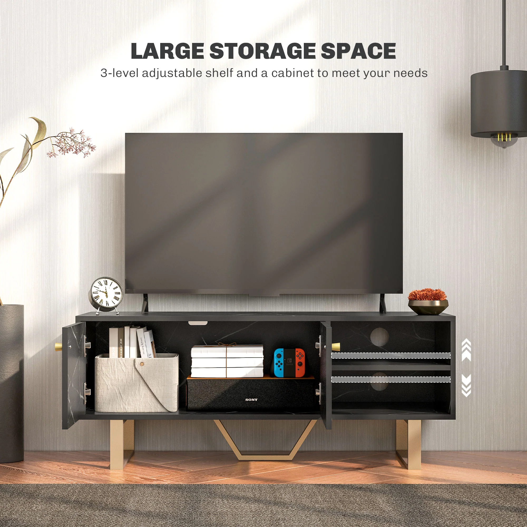 HOMCOM TV Unit For Living Room, TV Stand, Black Marble - Image 4