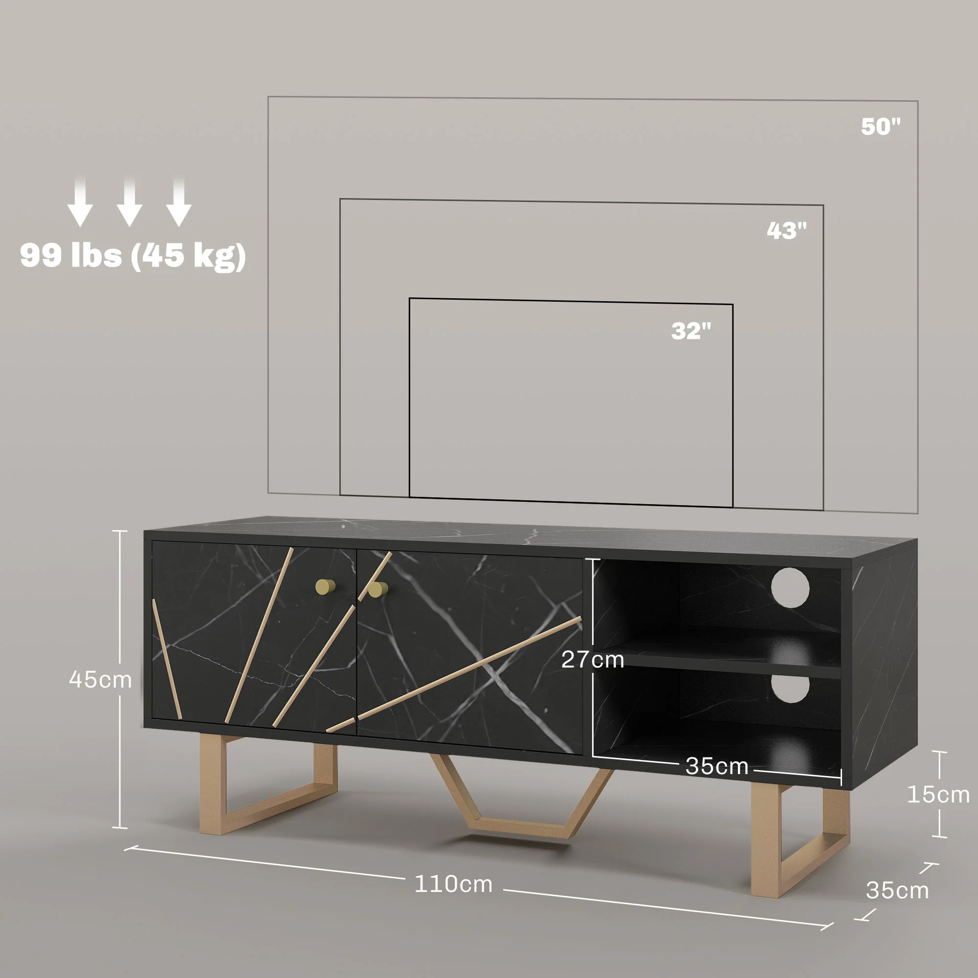 HOMCOM TV Unit For Living Room, TV Stand, Black Marble - Image 5