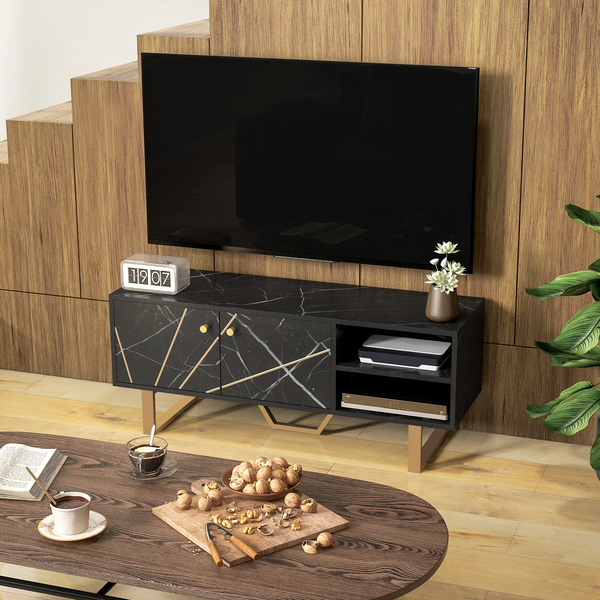 HOMCOM TV Unit For Living Room, TV Stand, Black Marble - Image 8