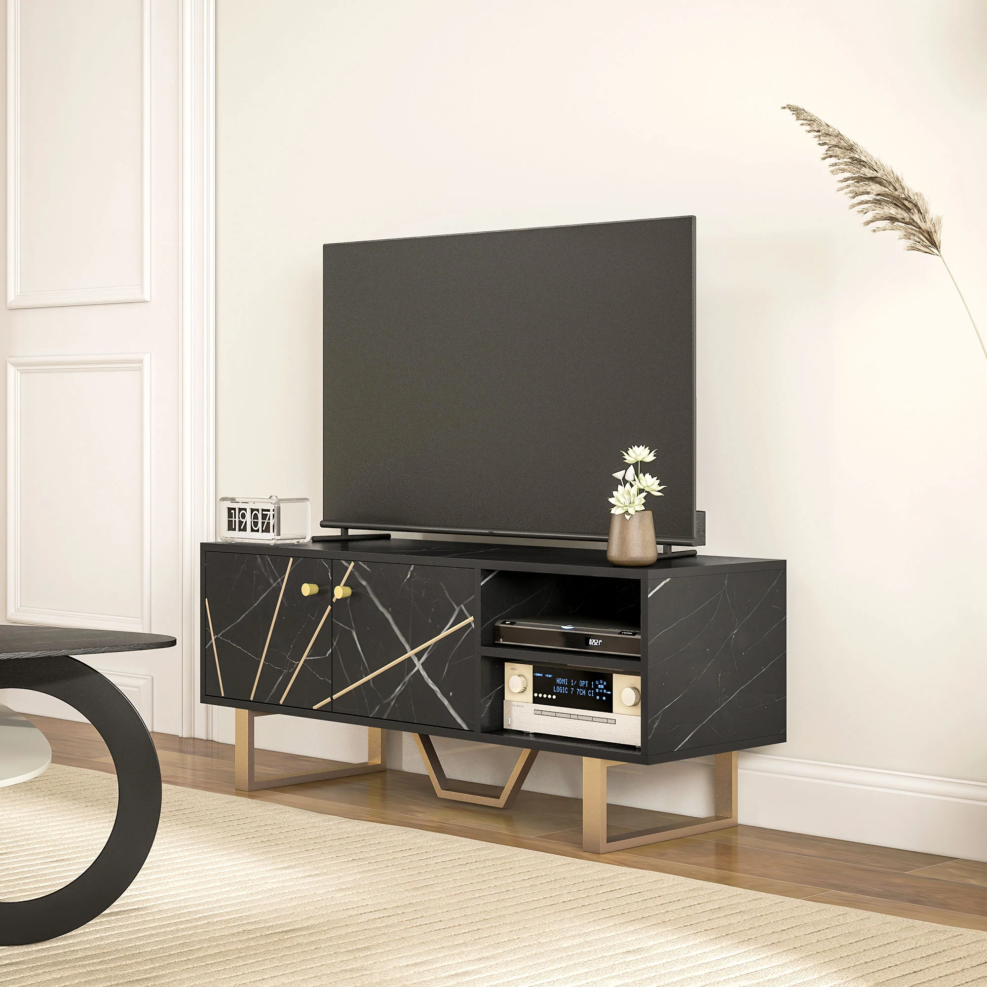 HOMCOM TV Unit For Living Room, TV Stand, Black Marble - Image 9