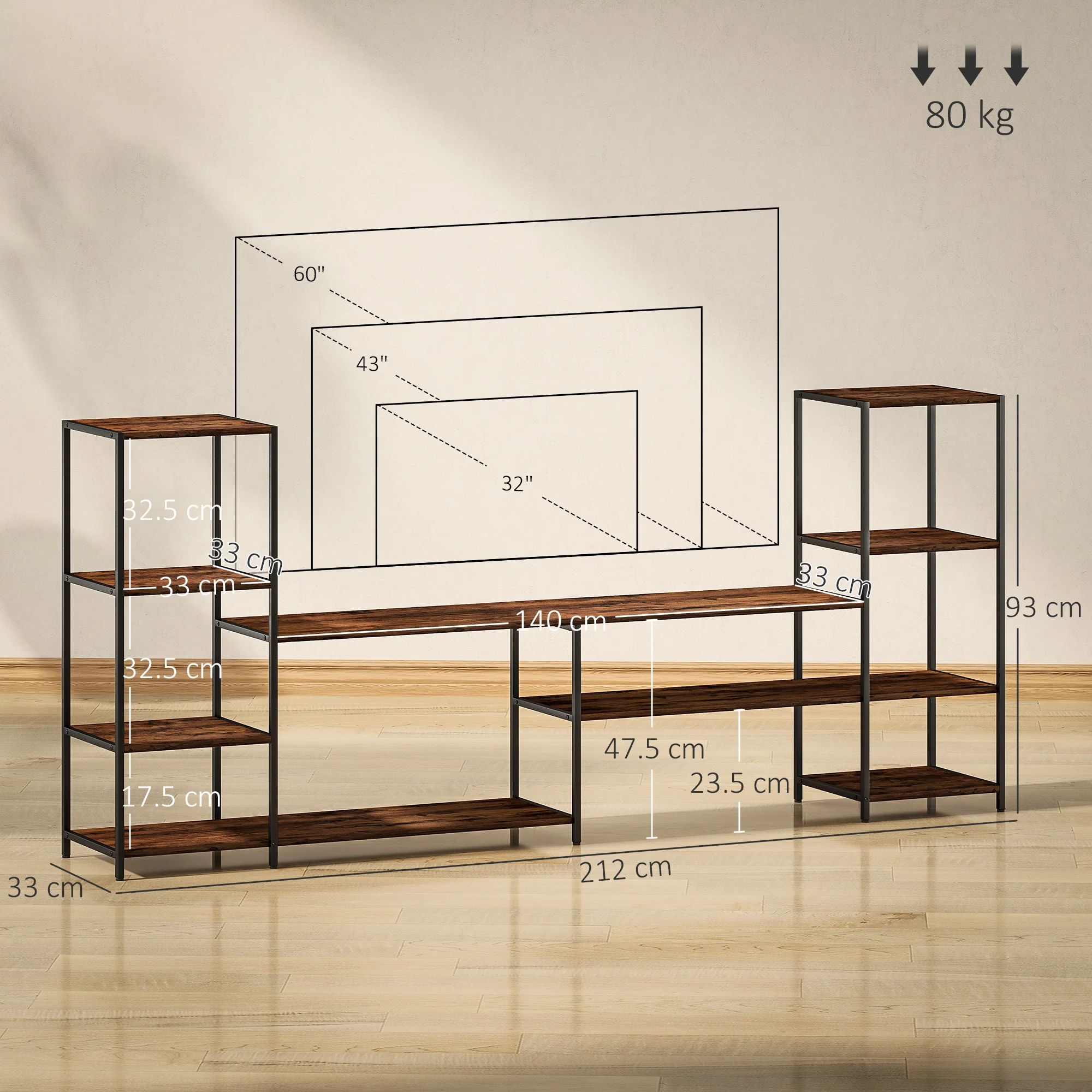 HOMCOM TV Unit For TVs Up To, Industrial TV Stand With Shelves - Image 5
