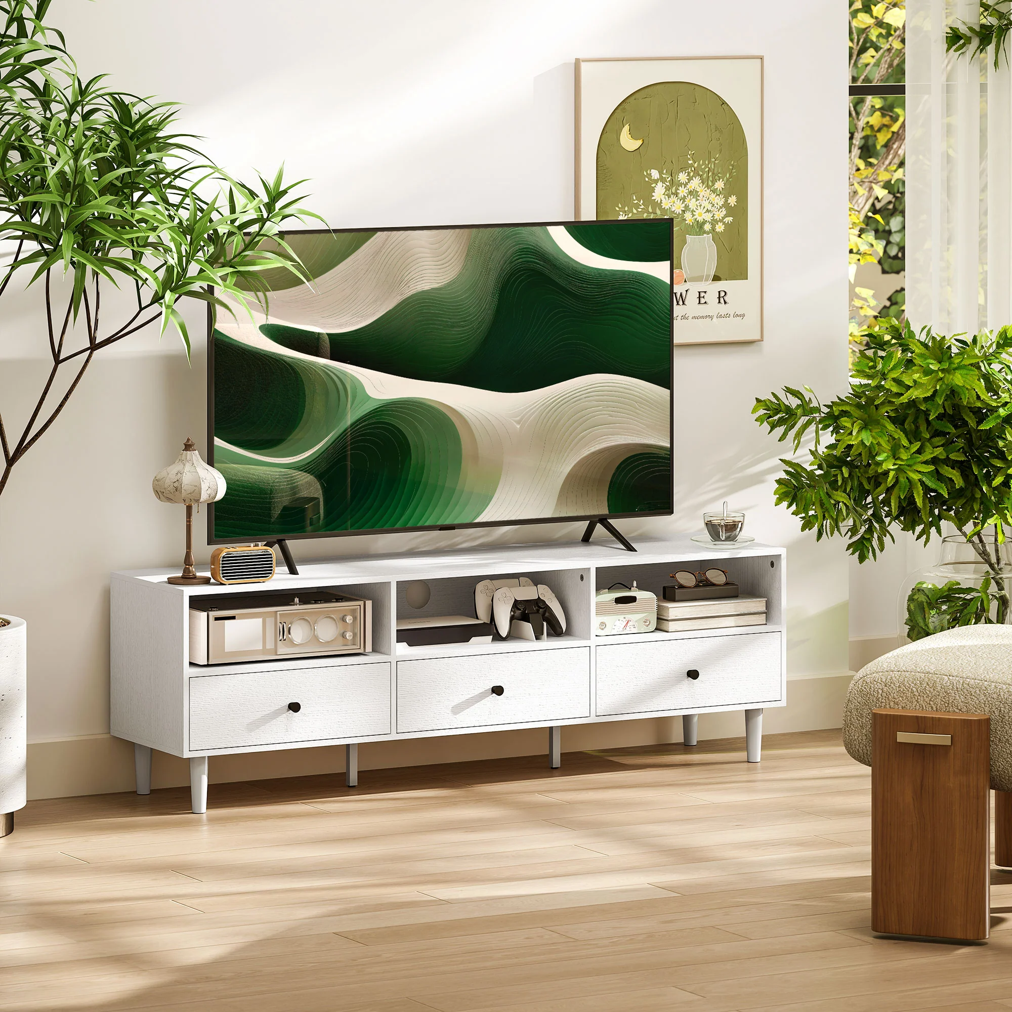 HOMCOM TV Unit, TV Cabinet for up to 75\", with Drawers, Shelves, White - Image 2