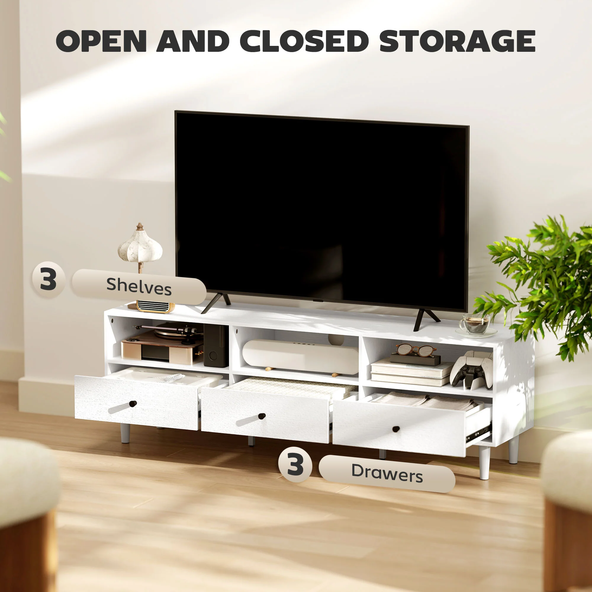 HOMCOM TV Unit, TV Cabinet for up to 75\", with Drawers, Shelves, White - Image 3