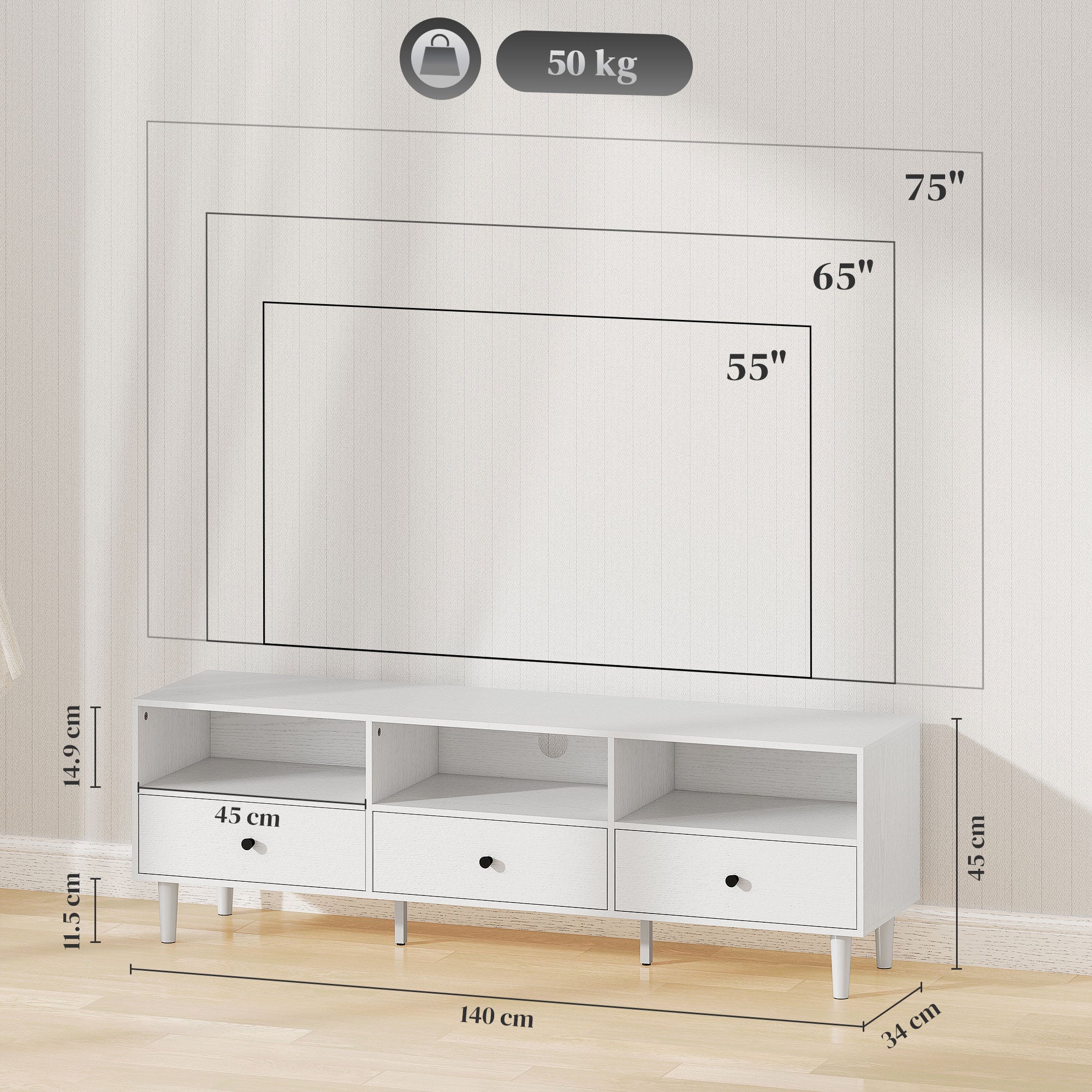 HOMCOM TV Unit, TV Cabinet for up to 75\", with Drawers, Shelves, White - Image 5