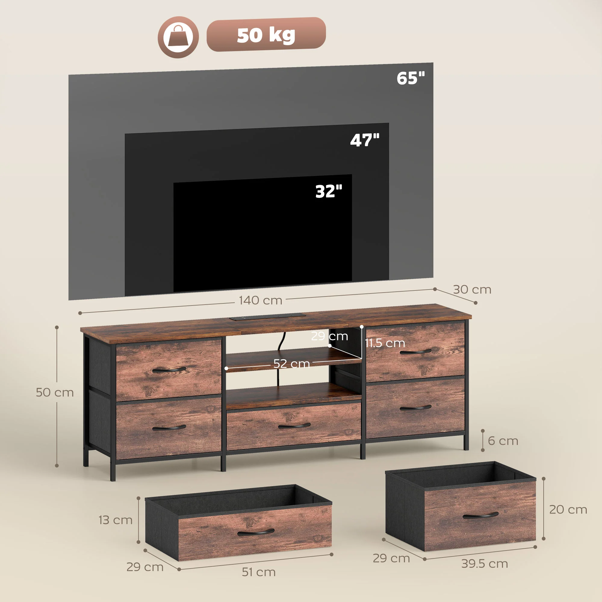 HOMCOM TV Unit with Charging Station, TV Stand for TVs up to 65 Inch - Image 5