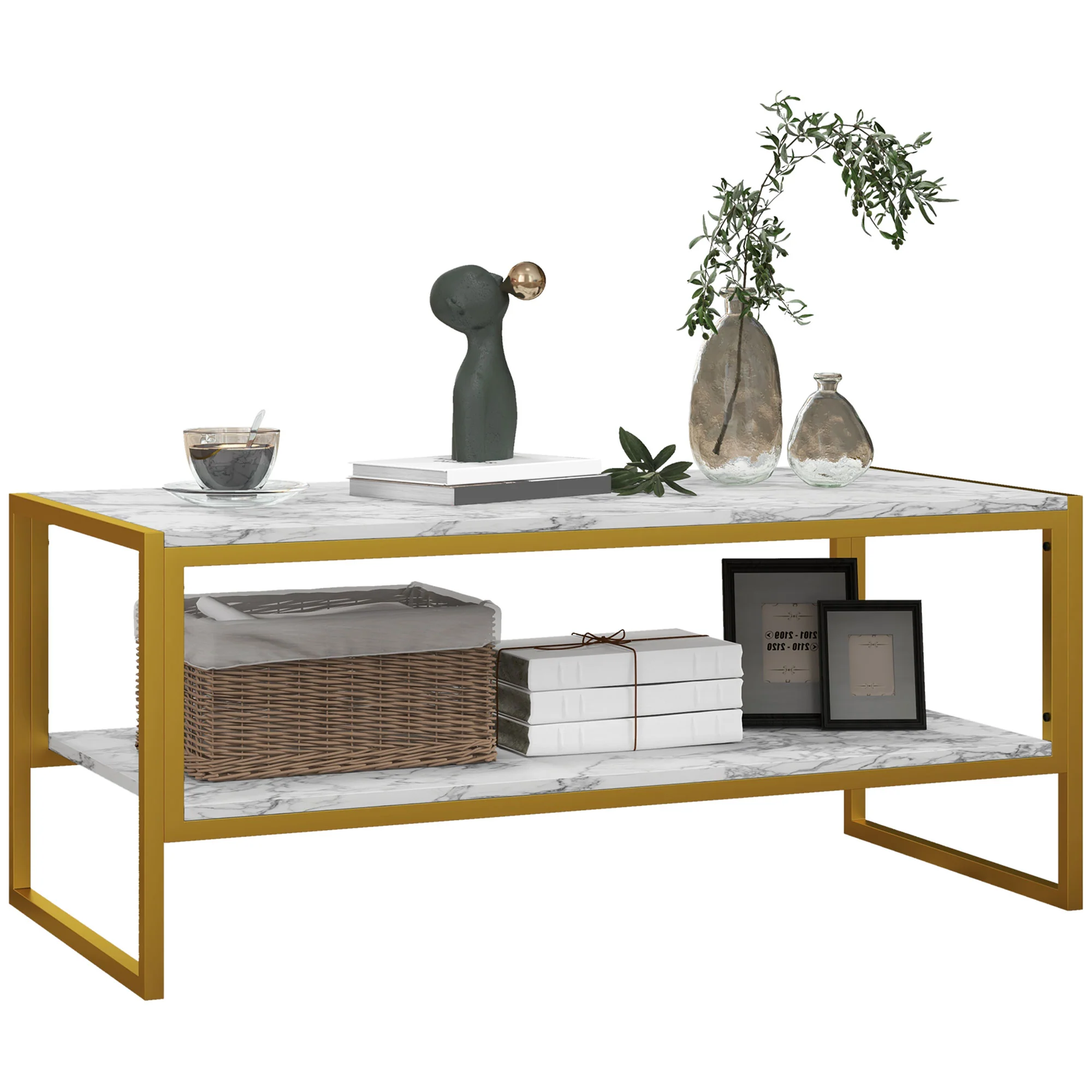 HOMCOM Two-Tier Coffee Table With Marble Effect Shelf And Metal Frame White