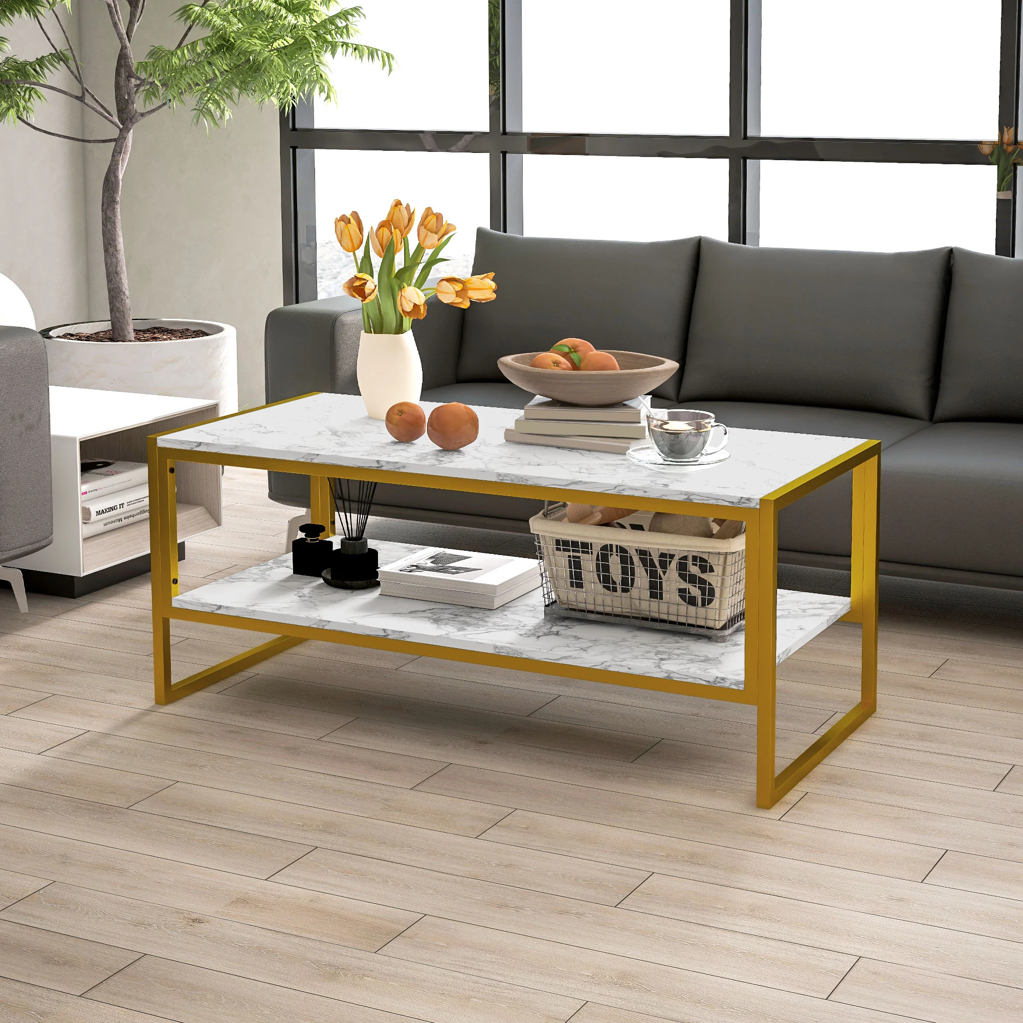 HOMCOM Two-Tier Coffee Table With Marble Effect Shelf And Metal Frame White - Image 2