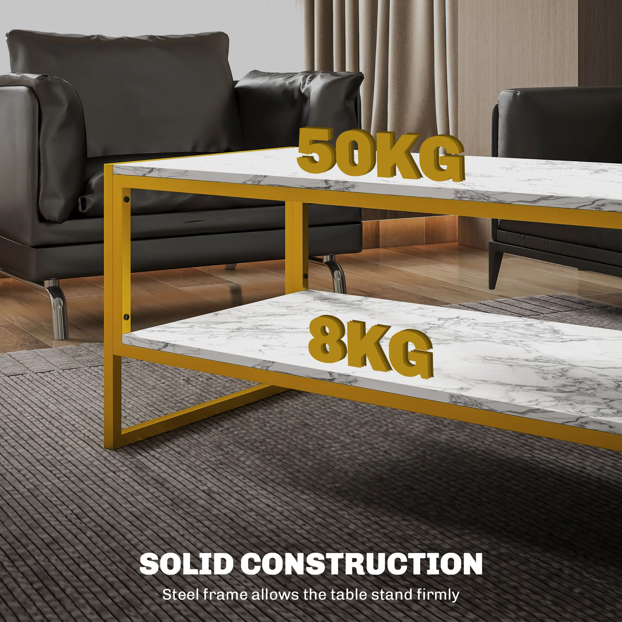 HOMCOM Two-Tier Coffee Table With Marble Effect Shelf And Metal Frame White - Image 4
