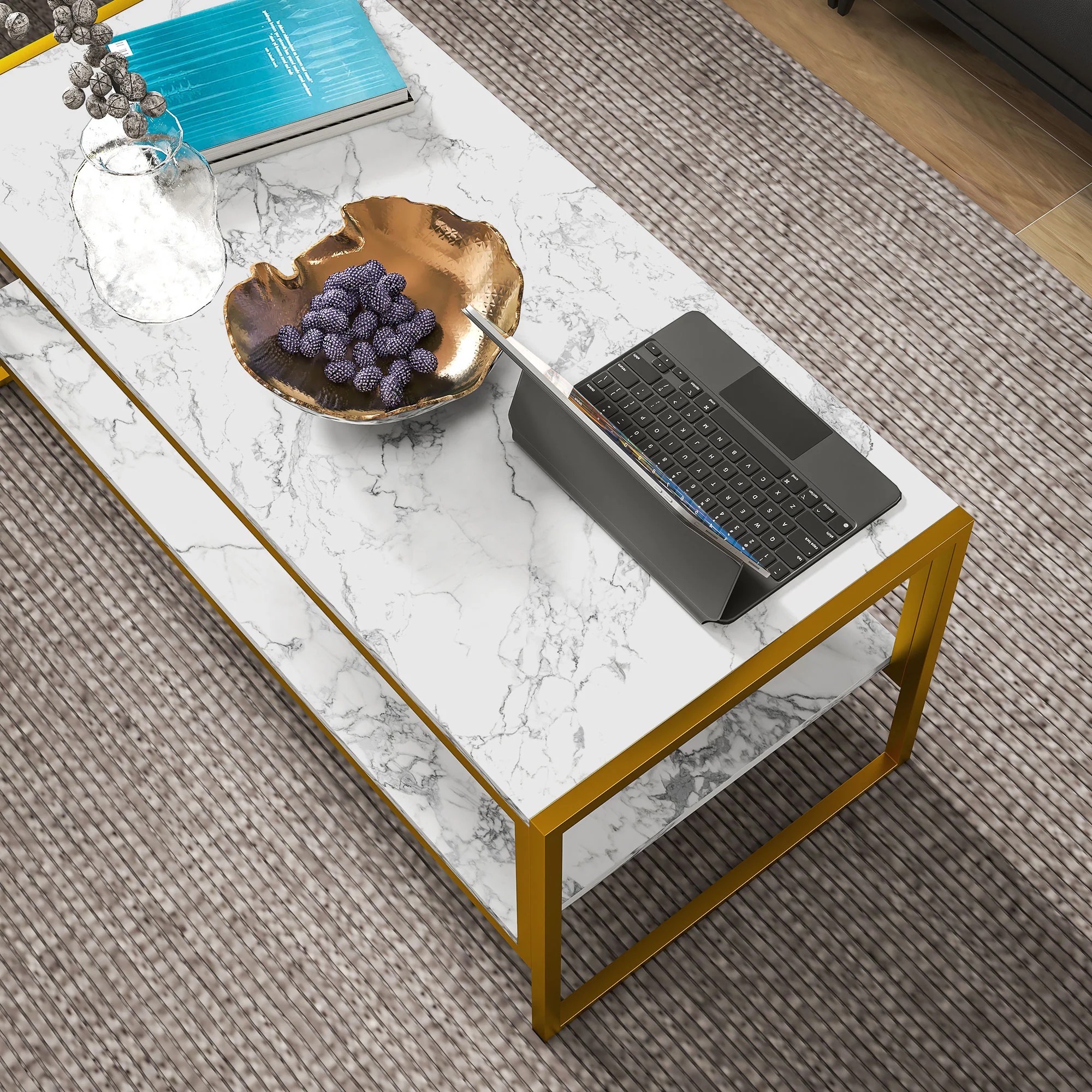 HOMCOM Two-Tier Coffee Table With Marble Effect Shelf And Metal Frame White - Image 8