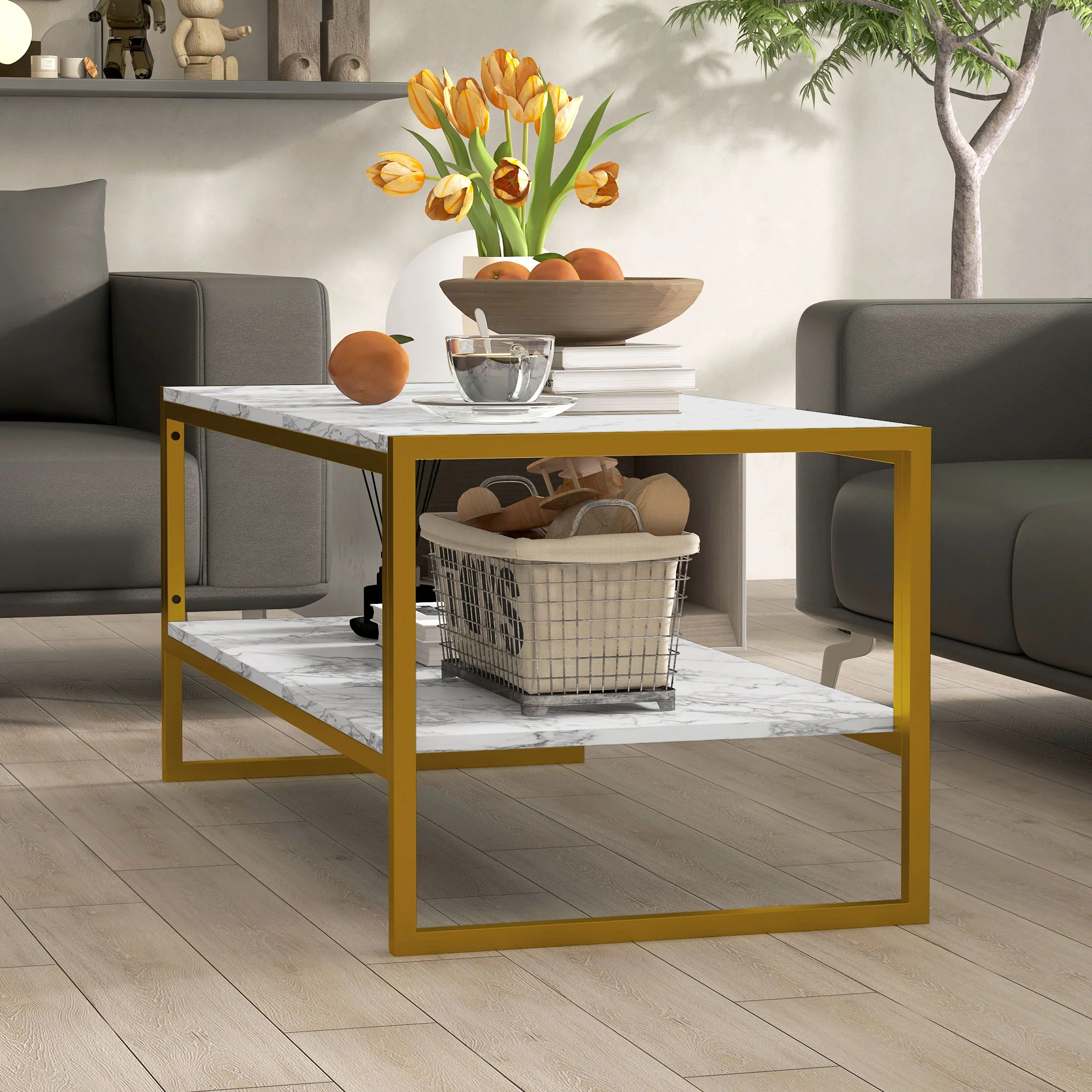 HOMCOM Two-Tier Coffee Table With Marble Effect Shelf And Metal Frame White - Image 9