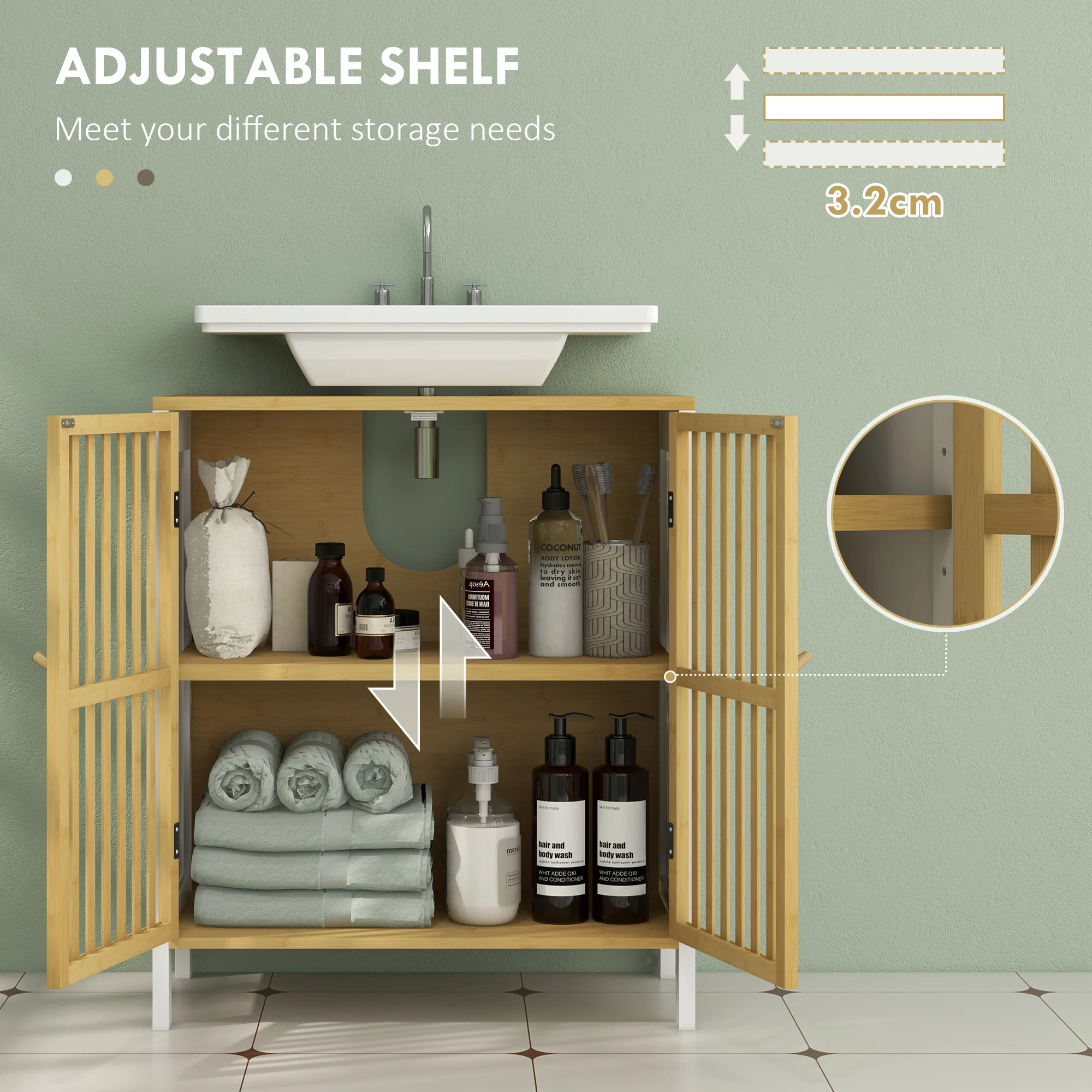 HOMCOM Under Sink Bathroom Cabinet, Bamboo Sink Storage Cabinet Slat Doors - Image 4