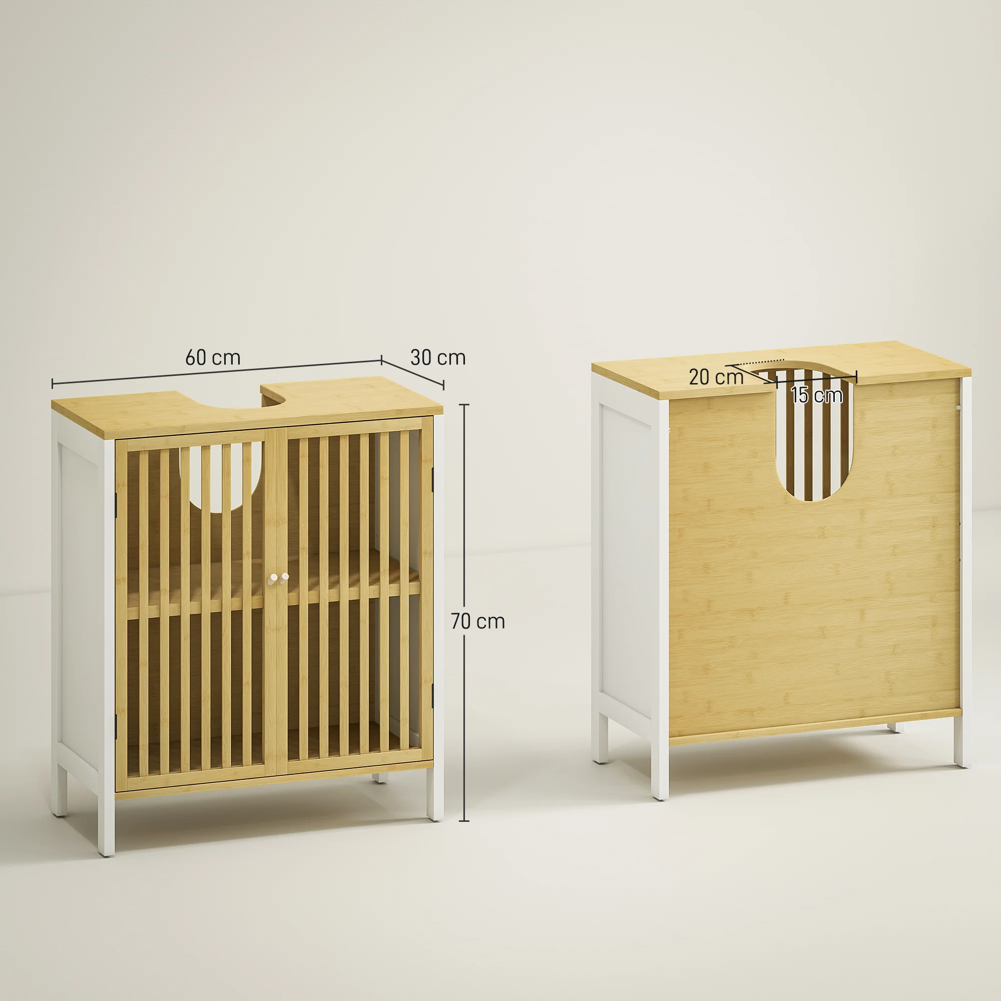 HOMCOM Under Sink Bathroom Cabinet, Bamboo Sink Storage Cabinet Slat Doors - Image 5