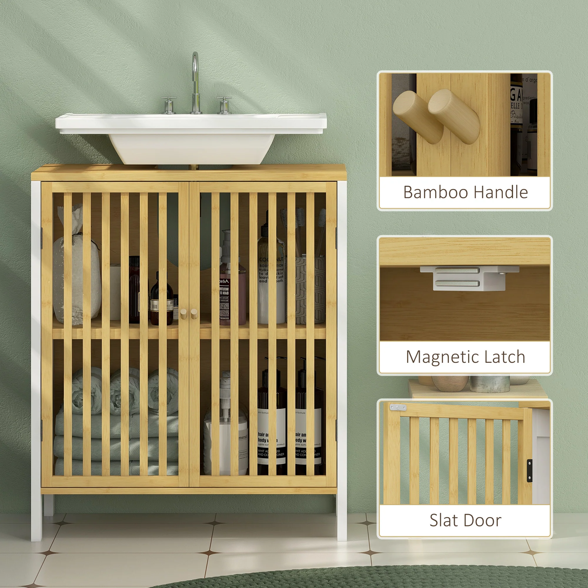 HOMCOM Under Sink Bathroom Cabinet, Bamboo Sink Storage Cabinet Slat Doors - Image 7